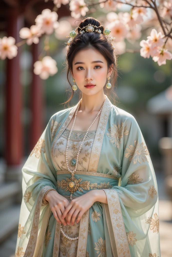 Graceful Chinese woman, exuding an air of nobility. Wearing an elaborate traditional headdress adorned with pearls and jade. Dressed in a magnificent brocade robe with intricate embroidery, shimmering with gold and silver threads. A long silk sash gracefully drapes around her waist. On her wrists are thick jade bracelets, and around her neck is a string of large jade beads interspersed with gold ornaments. Her eyes are bright and intelligent, with delicate makeup in traditional Chinese style. She stands in a classical Chinese garden, surrounded by blooming flowers and ancient architecture.