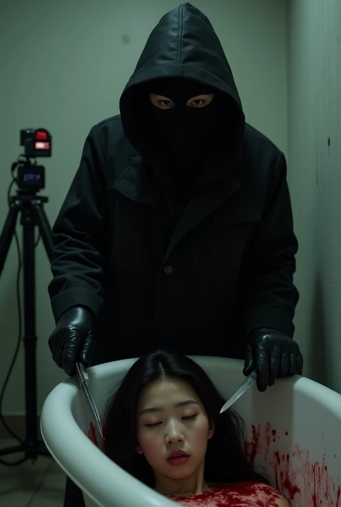 korean girl, (behind corpse, holding knife), black surgical mask, black gloves, bath full of blood, black raincoat, hood up, holding knife, black gloves, plump girl ,looking at viewer, behind corpse, blood splatter, night, mass murderer, in the hotel, killer, long bangs, blood splatter, dark atmosphere, cinematic lighting, atmospheric realistic, tripod and camera in the back, shooting with camera
