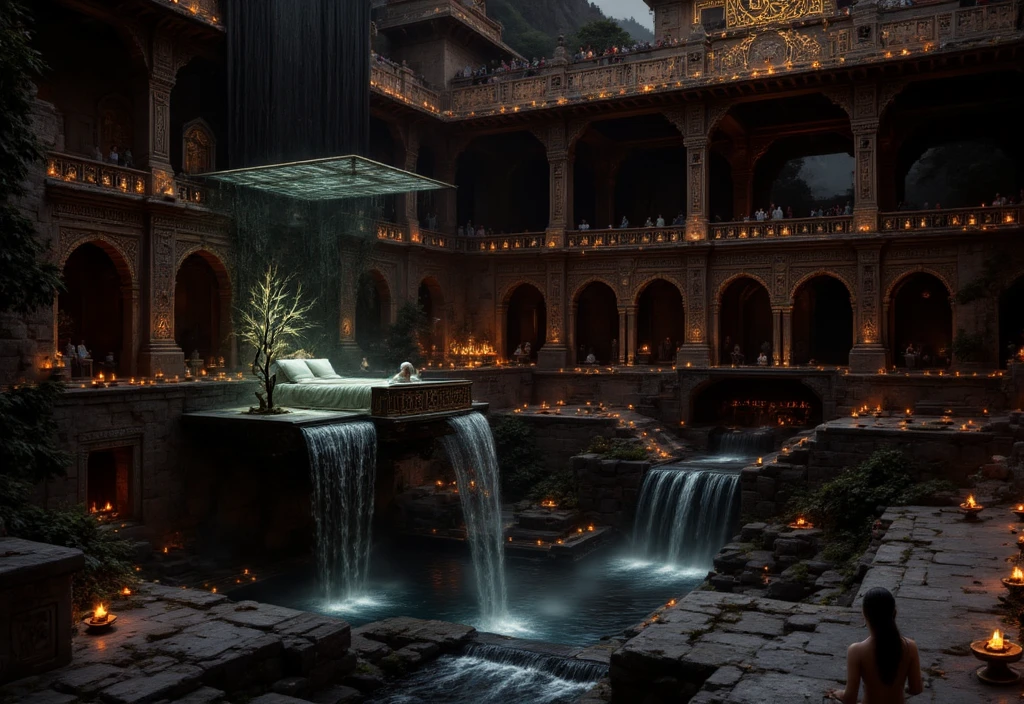 In the soft, ethereal glow of the moonlight, an ancient South Indian bathhouse reveals its grandeur, nestled deep within the heart of a massive palace. This multi-layered bathhouse, inspired by the architecture of ancient Indian stepwells, is a marvel of intricate design and serene beauty. The upper pool, suspended high above the ground, is the centerpiece of this celestial oasis. Crafted from transparent crystal or glass, the pool glows faintly under the moonlight, its surface reflecting the stars above. Elegant pillars rise from the floor to support this upper pool, each pillar carved with ornate patterns, deities, and symbols from South Indian mythology. In the center of this pool is a luxurious bed resting on a raised stone platform, draped in delicate silks and surrounded by small floating candles. This bed, bathed in moonlight, is a tranquil haven that seems to float atop the water, inviting relaxation in this heavenly setting. Below the upper pool lies the vast lower pool, whose edges are lined with a series of small temples and stone shrines. Surrounding the pool are graceful arched bridges that span over cascading waterfalls, the sound of rushing water filling the air with a sense of timeless peace. The waterfalls pour into the pool from multiple levels, creating an ever-flowing, vibrant scene, while fountains in the middle of the pool gently spray water into the air, their rhythmic splashes adding to the harmonious atmosphere. The pool itself is vast and serene, like a reflective mirror under the night sky. The entire bathhouse is illuminated by hundreds of small, twinkling oil lamps, placed strategically along the carved ledges, temple walls, and floating gently on the water. These lamps glow like stars, casting a warm golden light that dances across the water's surface, creating a mystical, celestial atmosphere. The architecture, inspired by ancient Indian stepwells, showcases intricate stone carvings and deep layers of staircases leading down to the
