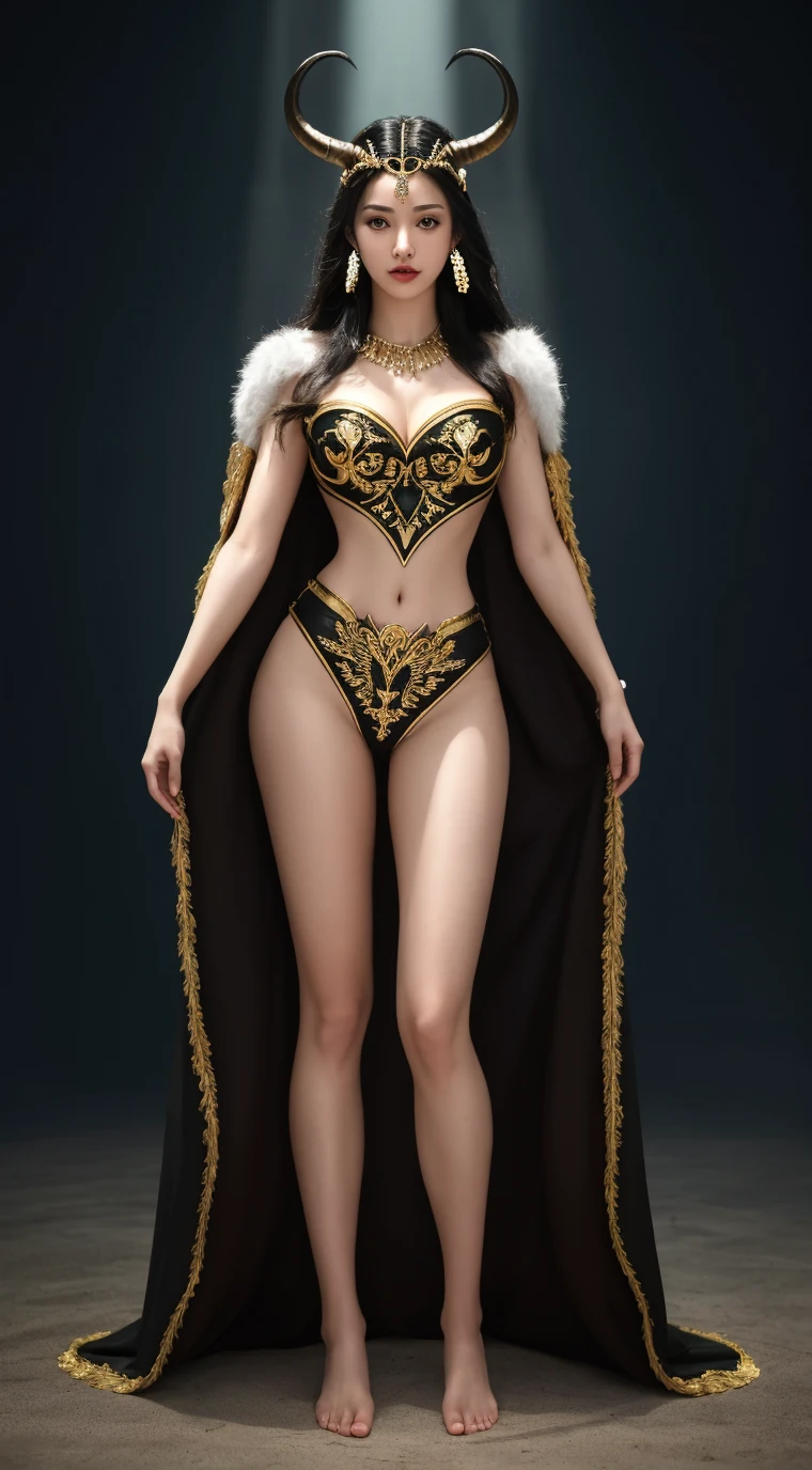 ((8k)),((Ultra Realistic)),((HDR)),((Intricately Detailed Portrait)),((Detailed Fingers)) ((Meticulous Details)),((Well Porportioned Body))

An Indian Mature Woman. Hourglass Body, Heart Shaped Face, Sharp Jawline, Wide Jaw, Doe Eyes, Supple Red Lips, Big Bust, Deep Cleavage, Wide Heart Shaped Butt, Perfectly Toned Body, Black Hair,Curly, Side Bangs, Navel Piercing, Curvaceous. 
Intricately Ornamented One Piece ()Intricately Cut out Gloss Leather Outfit, Fur long Overcoat, Golden Threading, Thigh High Boots, Fur Cape, Face Mask, Arm Accessories, Waist Strings, , Necklace, Earings, 
Over the top View, Top View, Eyes Fixated Upward At Camera , Gracious Pose, Gracious, Fierce,Overexposed , Fierce, smile
