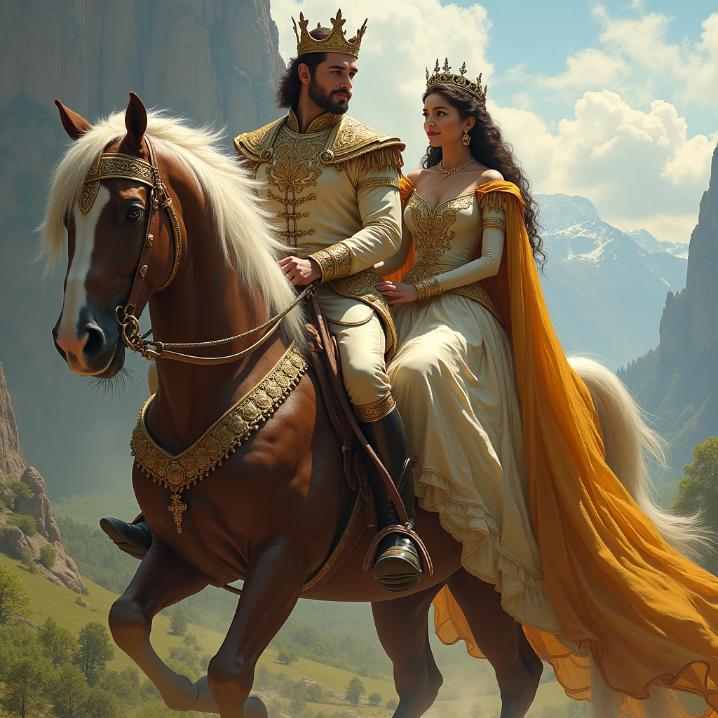 create a luxurious royal carriage with beautiful horses pulling, an escort of knights ahead, strolling along a dirt road on the edge of a beautiful lake with forest, a post-rain atmosphere softens the environment and a beautiful afternoon sun brightens the image, beauty of details, bright coloured, cinematic photo stylish fantasy film
