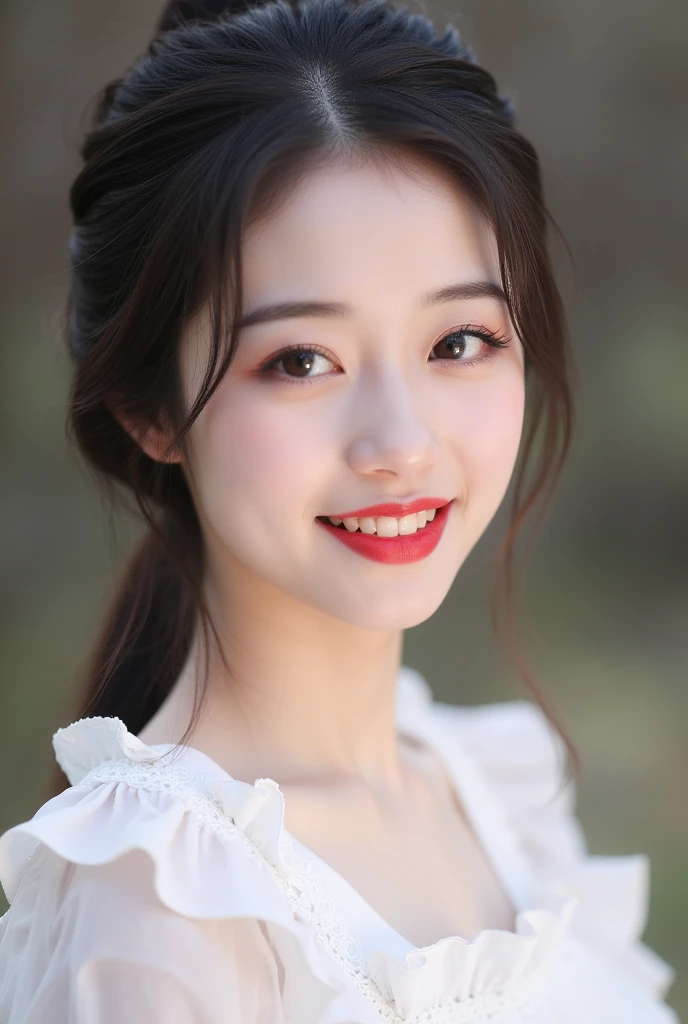   Close-up shot of a young Asian woman with dark brown eyes and dark brown hair.   She wears a white dress and a white blouse with a ruffled collar  .  with blurry background , but、Out of focus. The woman's lips are bright red  . Eyebrows are dark brown.  She has a smile on her face ,  adds vibrant color to her face .