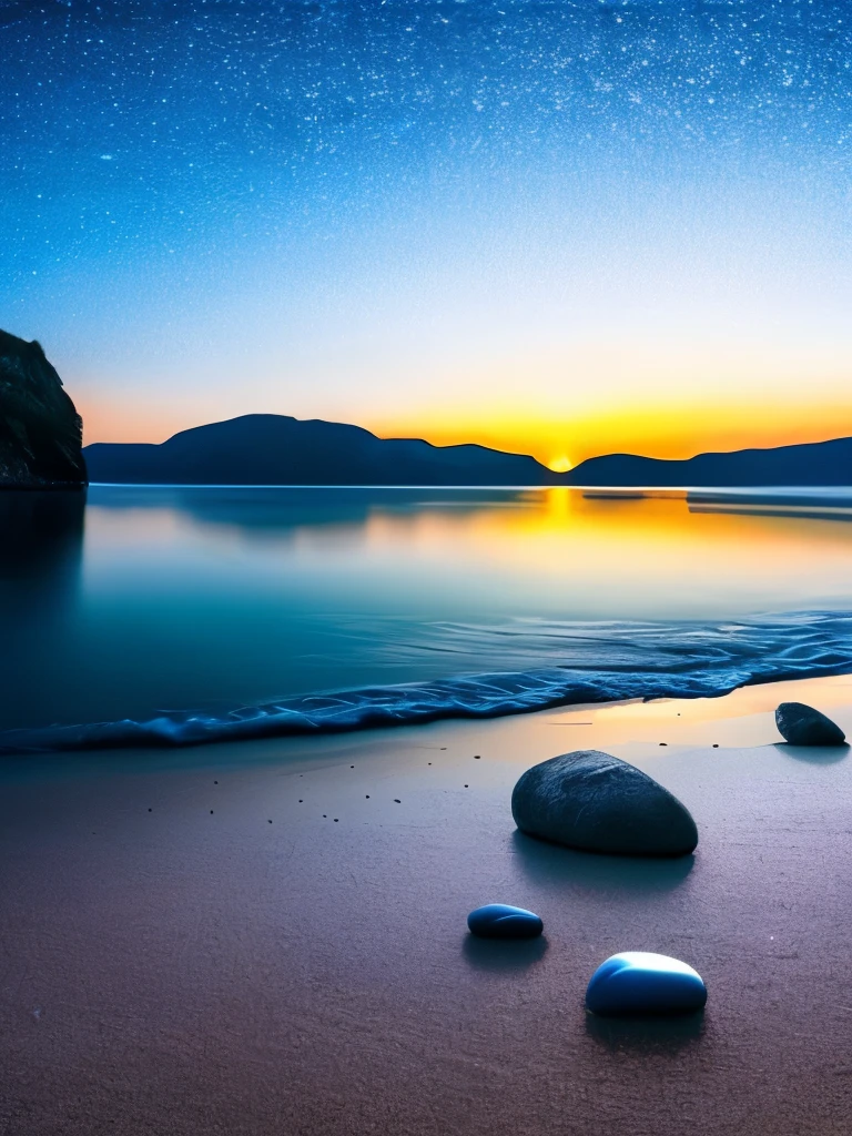 there is a beach with rocks and a lot of lights, a photorealistic painting by Alexander Kucharsky, pexels, conceptual art, glowing crystals on the ground, magical beach, pebbles, makes the sea area glowing water, cave glowing stones, sitting on the beach at night, beautiful image ever created, sparkling cove, magical sparkling lake, luminous sparkling crystals