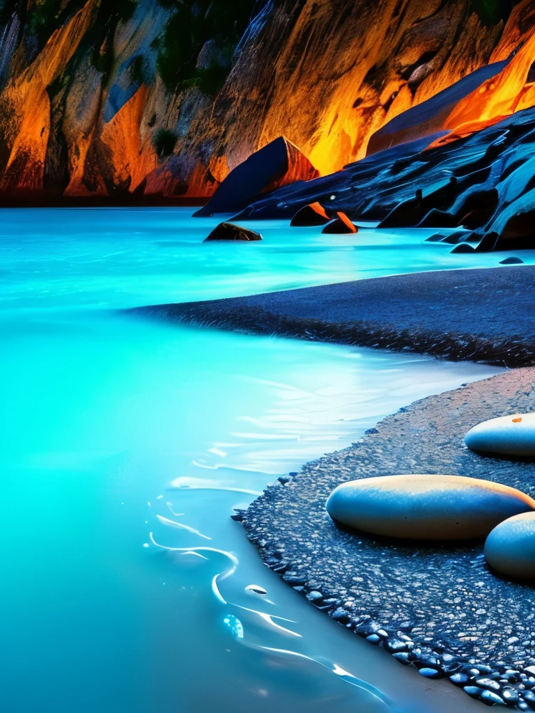 there is a beach with rocks and a lot of lights, a photorealistic painting by Alexander Kucharsky, pexels, conceptual art, glowing crystals on the ground, magical beach, pebbles, makes the sea area glowing water, cave glowing stones, sitting on the beach at night, beautiful image ever created, sparkling cove, magical sparkling lake, luminous sparkling crystals