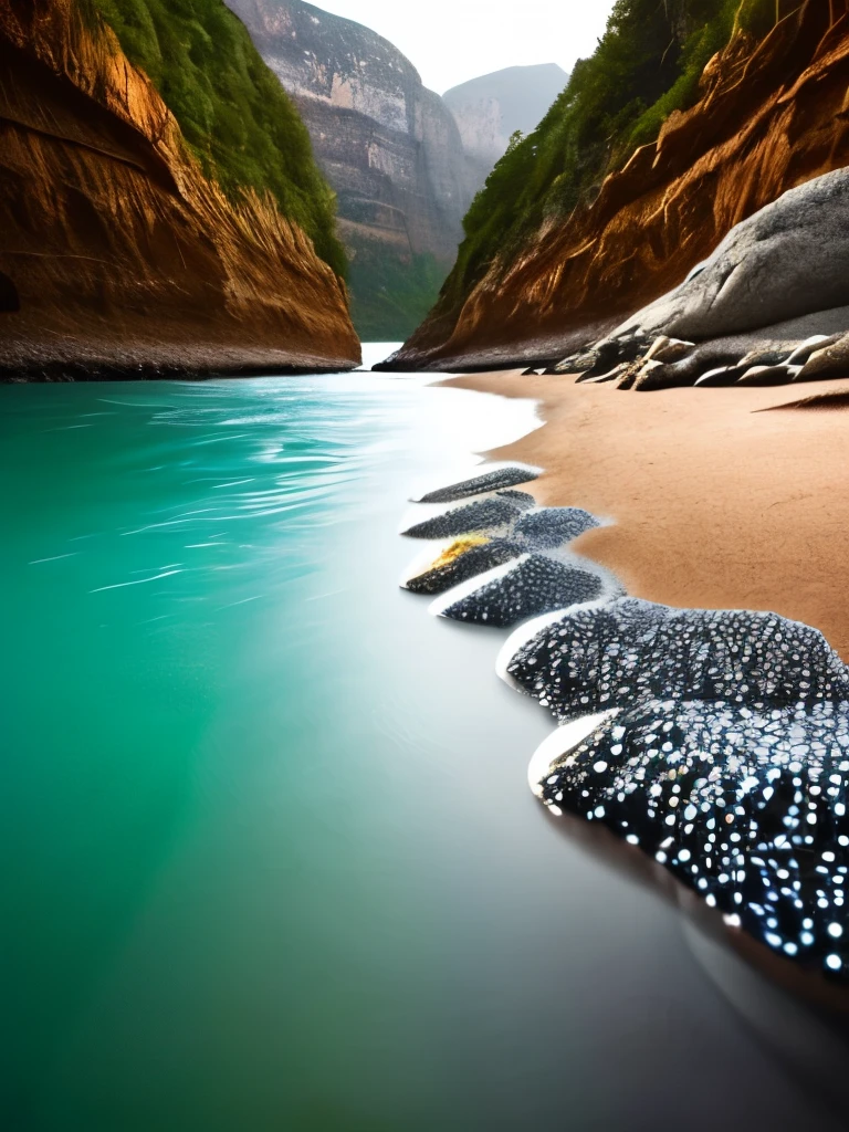 there is a beach with rocks and a lot of lights, a photorealistic painting by Alexander Kucharsky, pexels, conceptual art, glowing crystals on the ground, magical beach, pebbles, makes the sea area glowing water, cave glowing stones, sitting on the beach at night, beautiful image ever created, sparkling cove, magical sparkling lake, luminous sparkling crystals