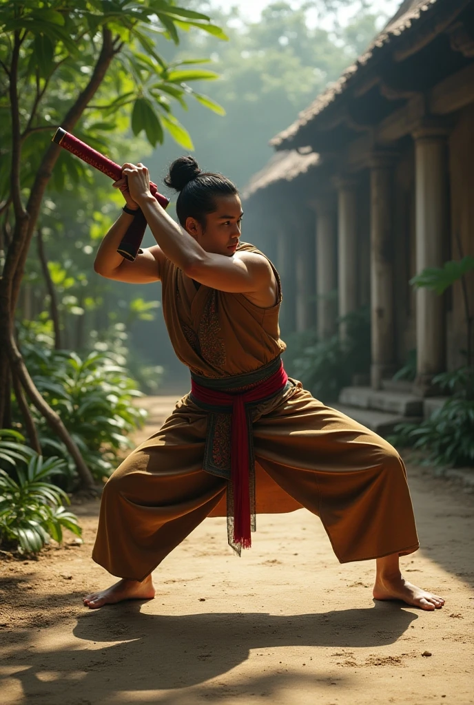 (onelegupshibari,on leg up, standing on one leg, ((arms behind back)), shibari, Japanese bondage,red rope), completely naked, small penis, in bamboo bush, outdoor, sunlight,((red rope)) muscular, black undercut hair,less stubble,handsome,detailed face, masterpiece,8k,depth of field,bokeh,detailed,homoerotic,(homoerotic),highly detailed,sharp focus,intricate,smooth,elegant,4k,8k,fantasy,cinematic lighting,cinematic,masterpiece,matte,photorealistic,beautiful,volumetric lighting,dramatic,