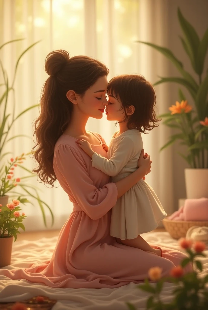 A mother tenderly holds her child,They smiled at each other,Warm scene,It makes people feel happy when they see it.,Extremely high resolution,wallpaper,Adding details,Clarity Enhancement,Detail Enhancement