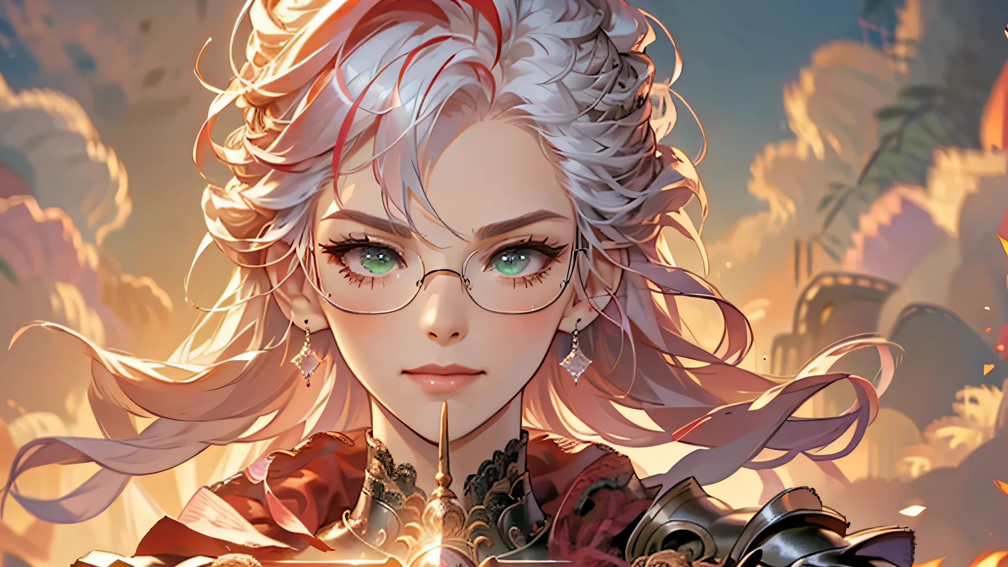 8k, masterpiece, best quality, highly detailed, 1 girl, matured woman, wrinkled, solo, pixie cut, multicolored hair, long straight hair, red highlight hair on white hair, stippled hair, white hair, wearing glasses, round glasses, glowing green eyes, earrings, red eyeshadow, long eyelashes, blushed cheek, red lips, pearl necklace, rings, mole on face, heavy armor, violet and black theme clothes, roses,menacing smirk, close up view, rings, looking at viewer, standing, shield, holding rapier in front, blade between face.