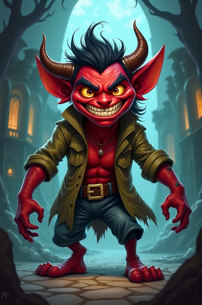 Dark goblin Thief with red eyes and Black Hood smiling --auto