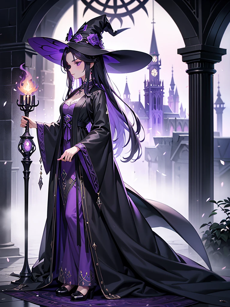 Long staff ，magic hat，Purple long Hair,witch, Black robe, Victorian style, Gothic Skirt, middle Ages,Purple Fire，long black dress，beautiful