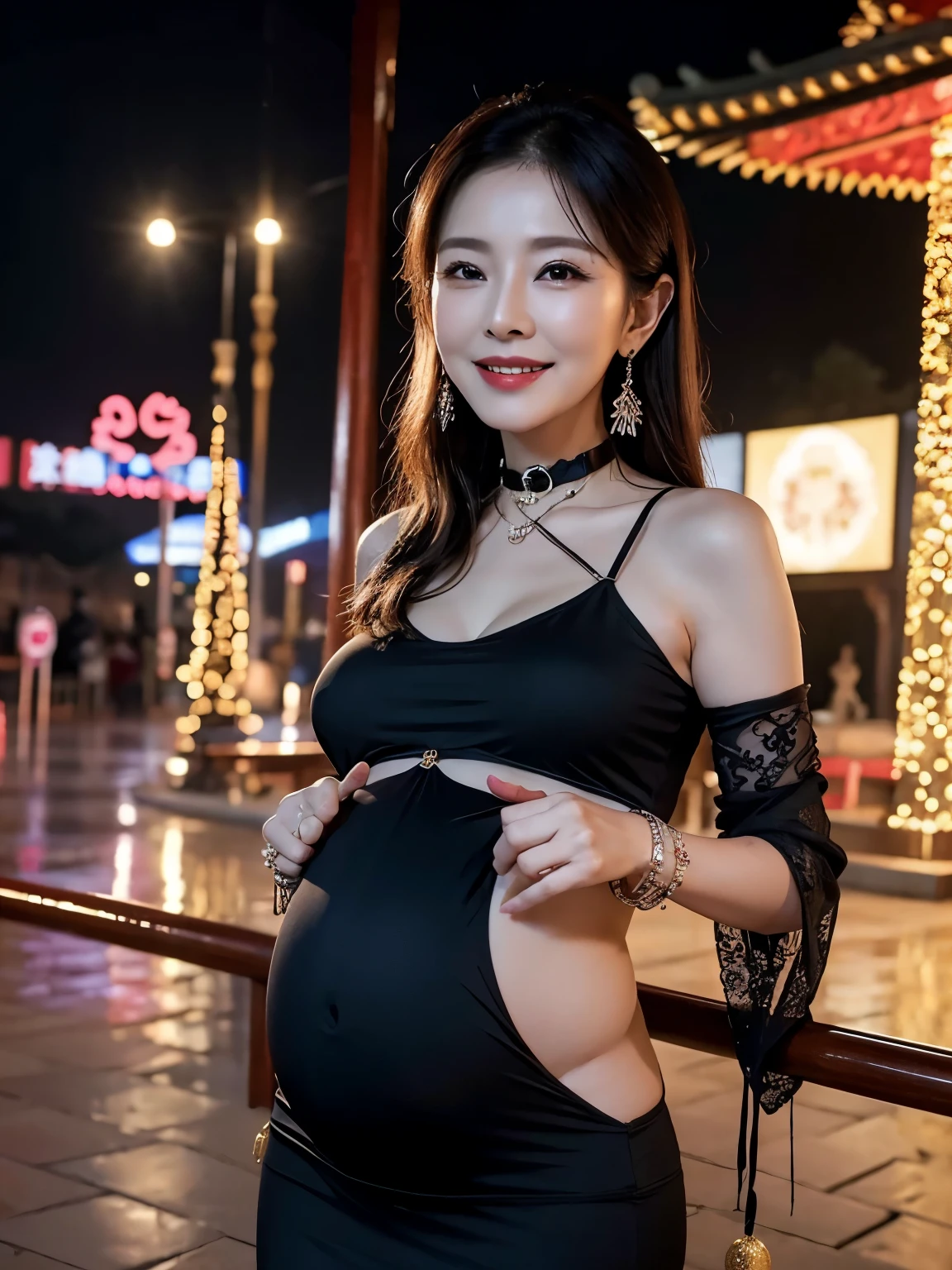 night scene, full body shot photo of a sexy naked pregnant Japanese girl, I-cup gigantic breasts, perfect body, black hair, hime cut, hairclip, anchor choker, makeup, seductive smile, cinematic lighting, first-person view, pov, cowboy shot, bokeh, Sony FE, masterpiece, ccurate, anatomically correct, super detail, high quality, best quality, highres, 16k