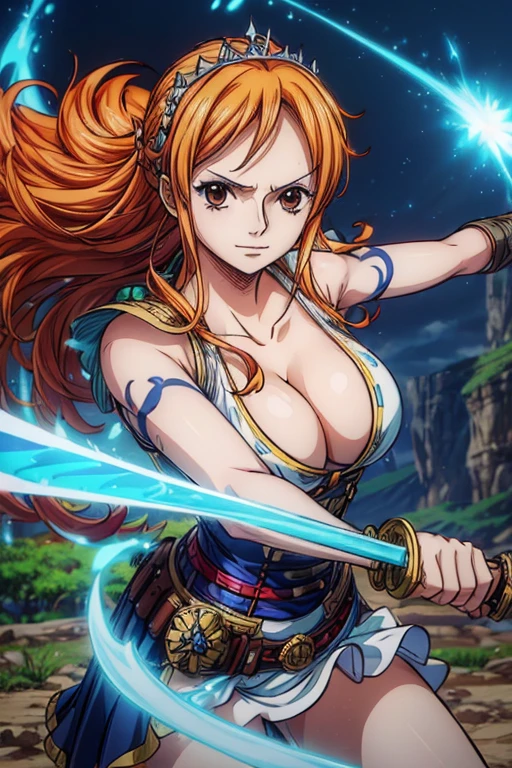  (Masterpiece,Best Quality, 4K, 8k,  High Resolution , masterpiece:1.2), Super detailed, (Realistic, photoRealistic, photo-Realistic:1.37),  Preserving Anime Style ,Nami from One Piece, pale orange hair ,Beautiful brown eyes,Left shoulder tattoo,Beautiful Lips,Beautiful lipstick,smile,Large Breasts, Female warrior,Paladin,Knight Armor,Tiara Decor ,(Magic Sword),(Burning Spot :1.5), She is a mysterious knight composed of Greek mythology and can use the strongest swordplay praised by spirits,Combat with enemies, motion moving quickly toward enemies , wave a Western sword ,Western sword slash wave , motion activation light goes behind and conveys a sense of speed , motion activation light is beautiful light blue ,( fantasy worldview ),lava,Pebbles scattered ,西洋の剣とMagic Swordは同じ扱いとして剣は一本の表現を必ず守る,Perfect limbs,Perfect Fingers,Perfect limbs