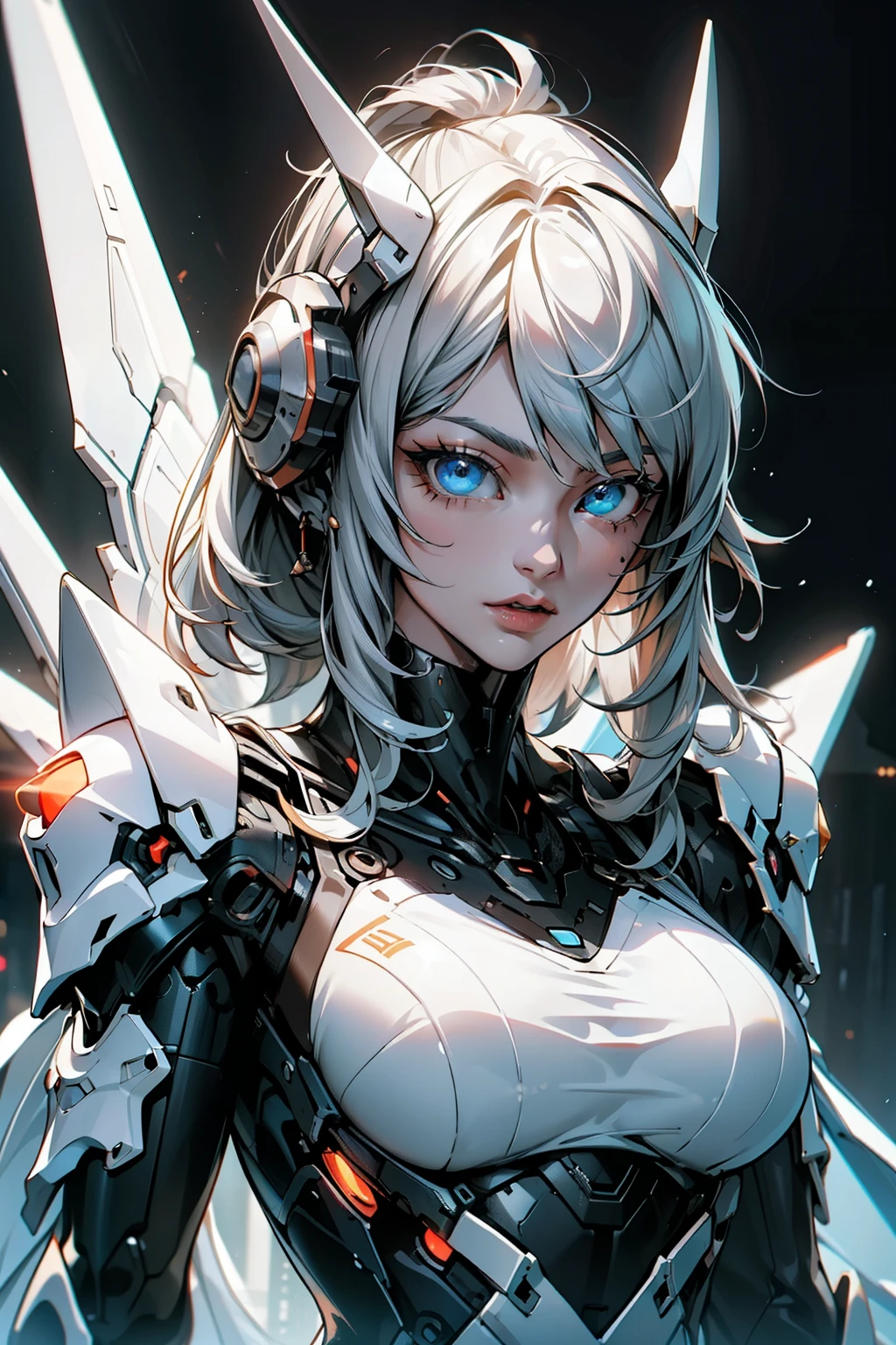 (Angel + Robot + Scorpion) × 1.3, long white hair, unfolded light wings, feather details, light halo, high-tech punk atmosphere on the background, bright eyes, highest image quality, highest resolution, masterpiece, cinematic lighting