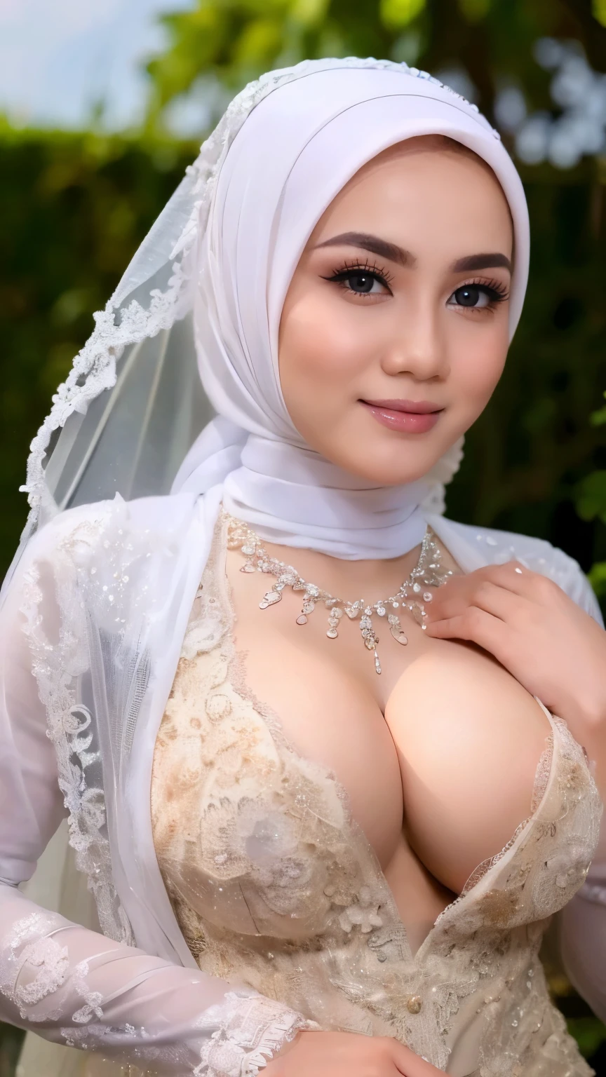 Hyper realistic, Beautiful young hijab girl, , nude, naked, (open breast, breast out), luxury necklace, White Skin, Perfect Potrait, Bokeh Effect, Look at camera, ((adorable:1.2)), ((masterpiece:1.1)), ((bokeh:1.2)), (dynamic seducing pose), seductive smile, flirting eyes,Clear focus: 1.2, 1 indonesian hijab girl, perfect nude bride,Super fine face, fine eyes, double eyelids((Realistic lighting, Best quality, 8K, Masterpiece: 1.3, hyper realistic)), Clear focus: 1.2, 1 indonesian hijab girl, georgeous nude wedding dress, (white silver hijab, medium rounded breasts: 1.3), ((open breast, breast out)),nude, naked, pink nipples, slightly chubby, (detailed lace material), (outdoor, day light: 1.1), beautiful garden of flowers background, Super fine face, fine eyes, double eyelids, naughty smile, 