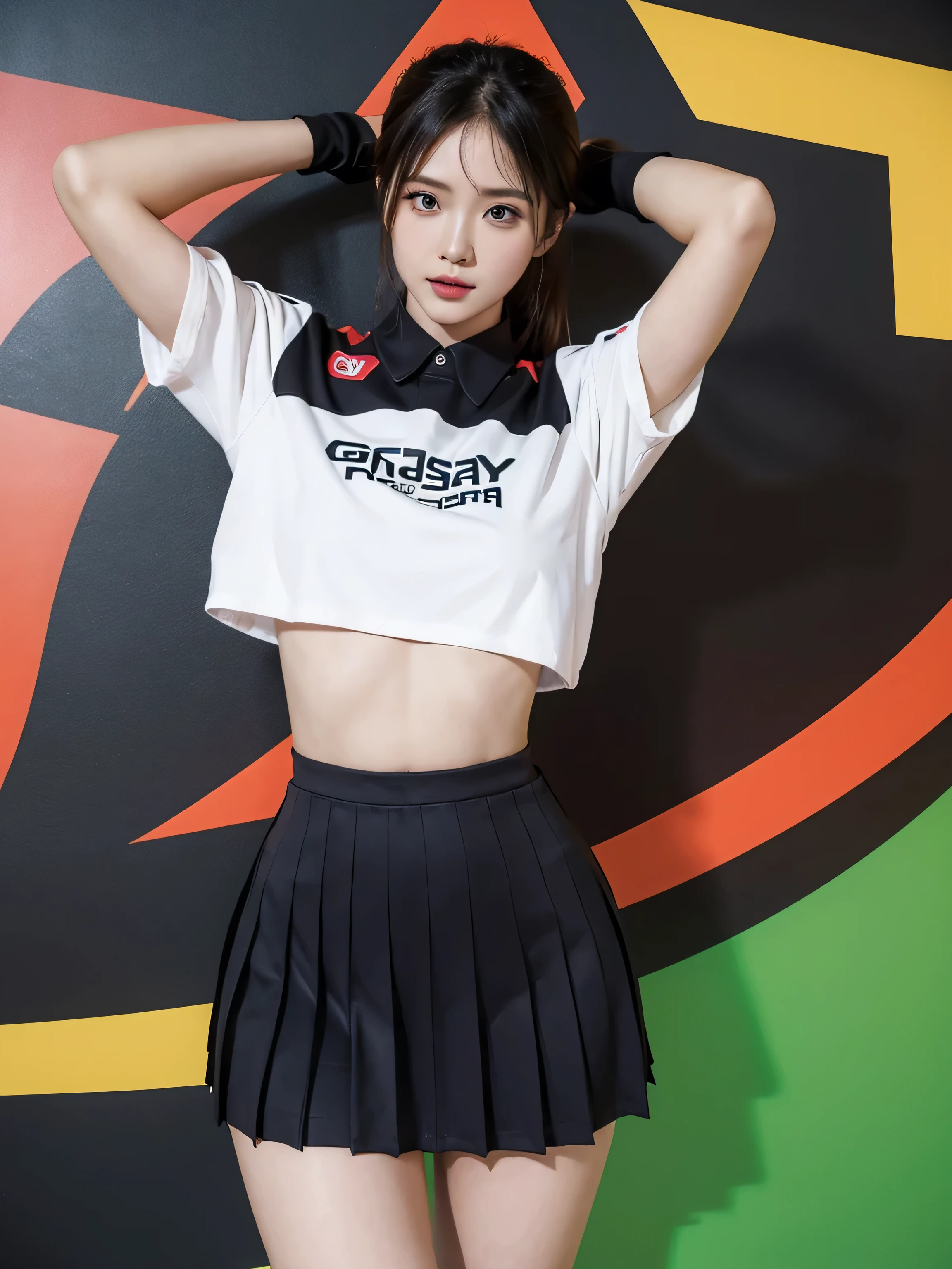 Cyberpunk, ethnically Caucasian, Woman in her early twenties, Hourglass figure, wearing a shirt that says "Fan Service" in Japanese kanji, wearing a pleated skirt, medium breast