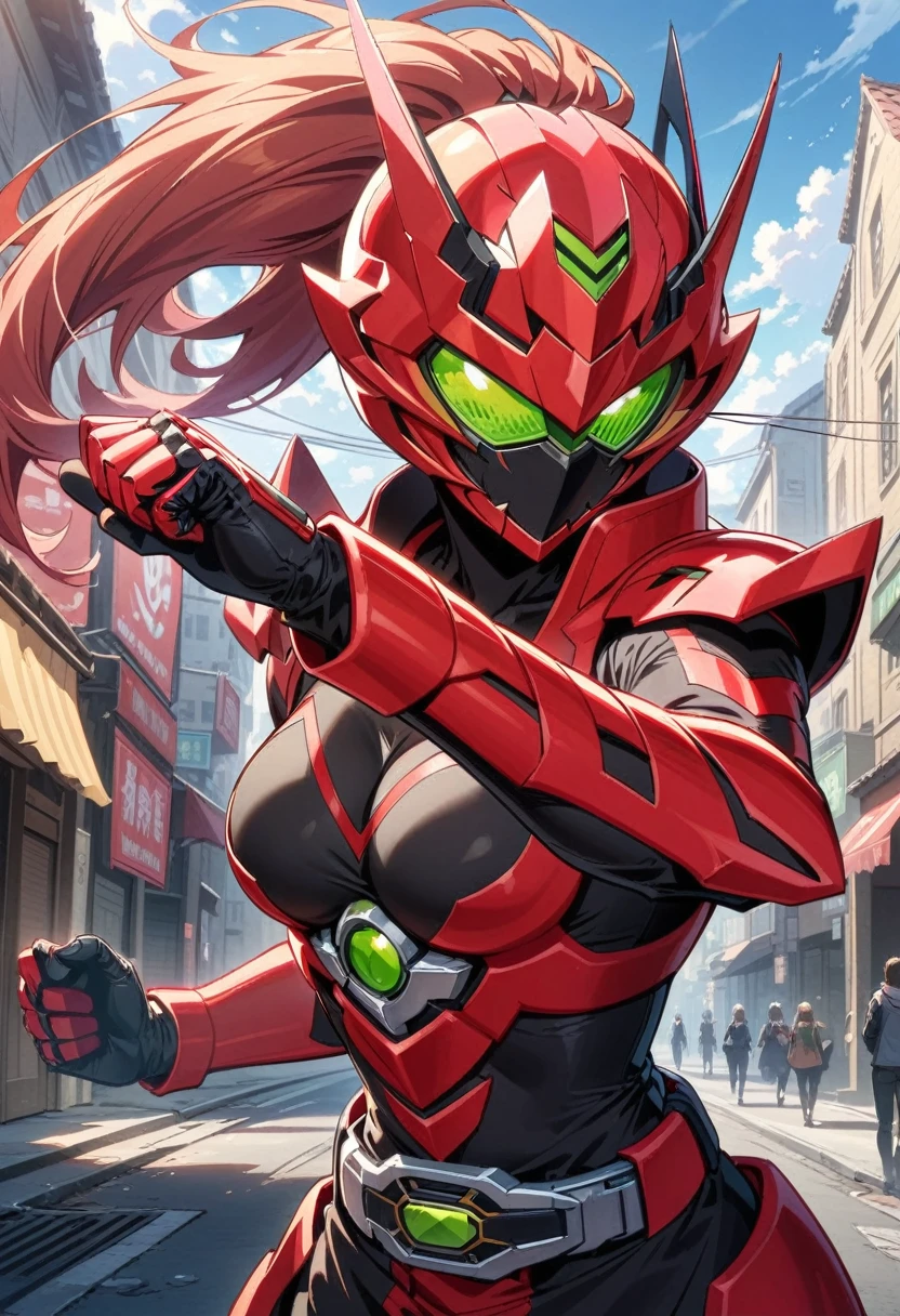 masterpiece,  best quality,  High Resolution , 非常に detailsなCG,  1 girl, Transformation Heroine, Transformation Belt, ((red_hair)), Internal mechanism,  (red_scarf), break mecha armored, Roadshow, street, Combat Stance,  Hero's Pose , details, Look at the sky
, concentrated, Portrait, image, 長いhair,  ponytail, redhair , Green Eyes,   Sophisticated and Strong Appearance, exotic,masked rider, belt, whole body,  Kamen Rider , 