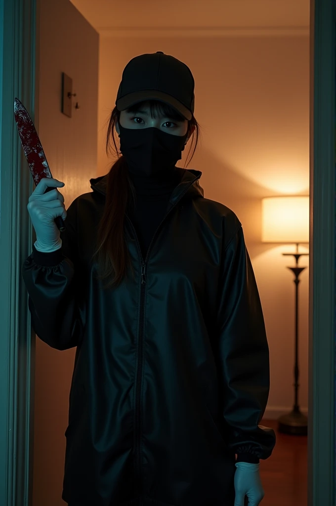 korean girl, (behind stiff, holding knife), black surgical mask, black leather gloves, bloody room, white raincoat, hood up, holding knife, leather gloves, woman on top, behind cadaver, blood splatter, night, mass murderer, killer, blood splatter, atmospheric realistic, entrance of the house, close-up, tripod and camera in the back, shooting with camera