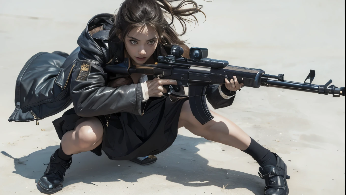 (masterpiece), (best quality), (ultra-detailed), (best shadow), (absurdres), Female,8k, photorealistic 、Realistic skin texture、Pore expression、stylish、8k、Film Photography、 action movie scene、 dramatic scene 、Broken Concrete