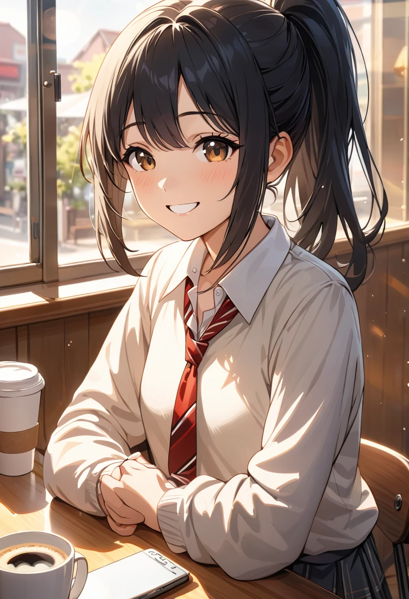 masterpiece, One Girl, Black Hair, ponytail, Smile at the speaker, High-quality images, cafe, smiling girl, high school uniform, sunlight through window, warm ambiance, friendly smile, coffee cup on table, casual setting, bright atmosphere, nostalgic feeling