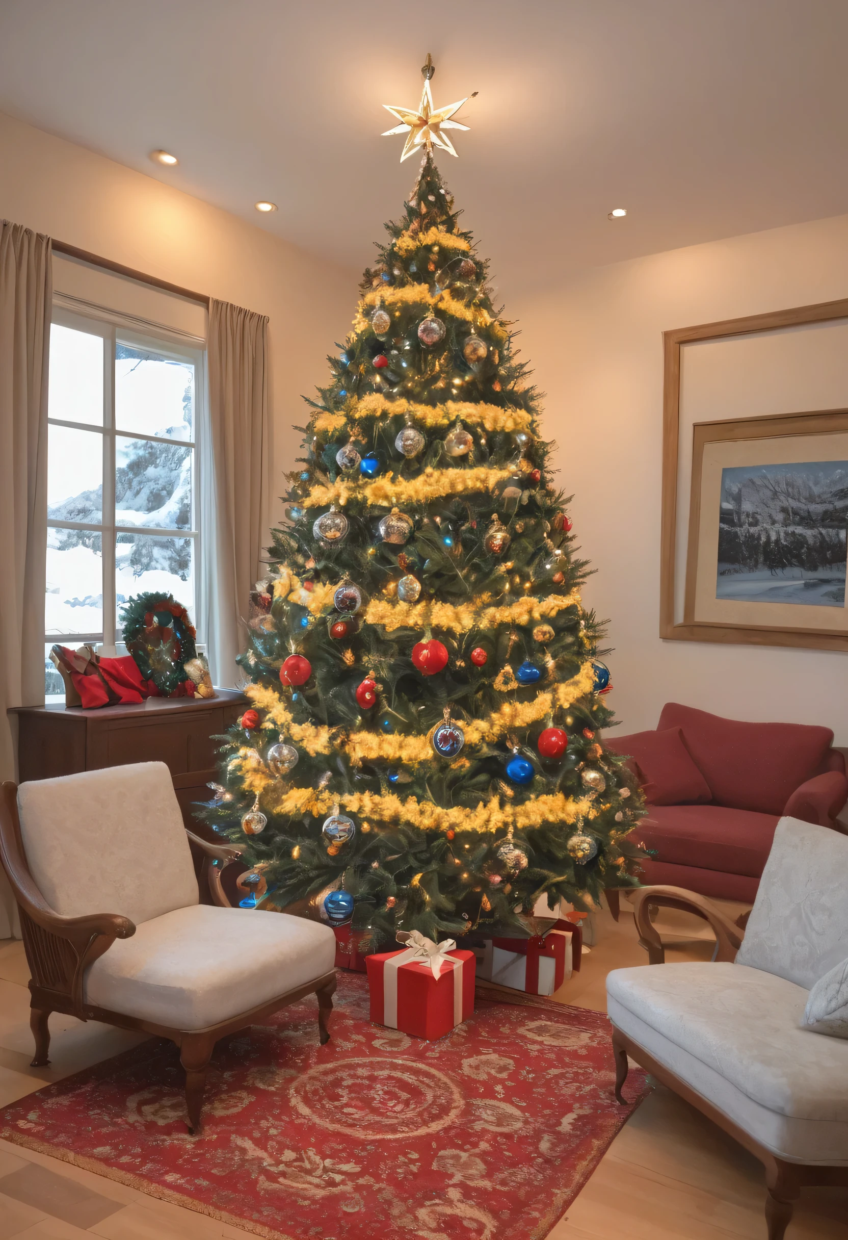 A joyful family gathers around a beautifully decorated Christmas tree, sharing festive moments and celebrating the holiday season in a warm, cozy living room setting.