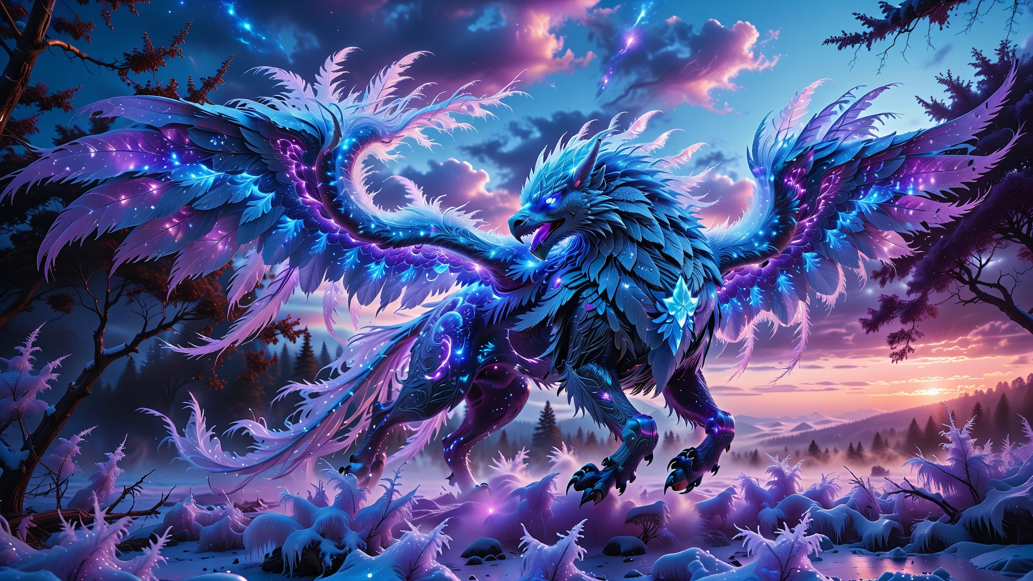 A Masterpiece In 32K Resolution, Supreme Quality, Super Detail, Official Art, Very High-Resolution 32K Wallpaper, Beautiful And Aesthetic, Ultra-Detailed Features, Awe-Inspiring Detail. Towering Bioluminescent Trees Stretch Into A Purple Sky, Their Branches Pulsing With Electric Blue Light. Rising From The Depths Is A Colossal Ice Griffin, Its Body Covered In Frosted Fur And Feathers. Massive Wings Unfold From Its Sides, Glinting In The Light, Its Frosty Breath Leaving Trails Of Crystalized Air In The Atmosphere. Giant Floating Beasts Drift Through The Air, Their Silhouettes Blending With The Exotic Landscape.