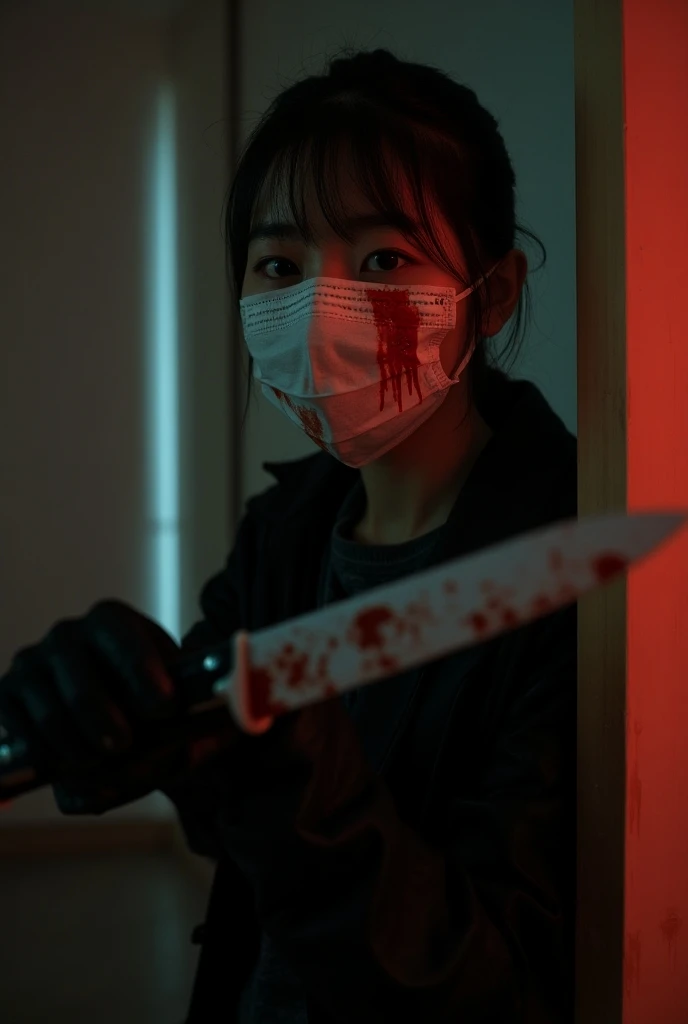 Bloody face and glove. Realistic, cinematic, black background, extreme A close-up photo depicting a hand in white latex glove covering a woman's mouth to shut it up. The woman is crying weakly, scared. The woman is facing slightly to the left. Her black hair is messy. Bloods mark on the glove and the woman's face. Knife wounds on her forehead. The photo uses a minimalist color palette, with muted tones for the hand and the face, contrasting sharply with the dark background.