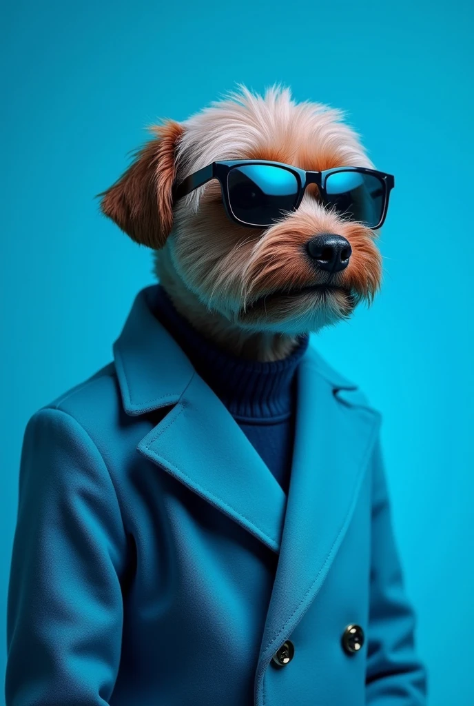 The best cell phone wallpaper, Award-Winning Wallpaper, portrait photography, In the front view is a portrait of a cute dog wearing mid-1960s space age fashion, Side view photo, Shot with Canon EOS R5, Set a strong contrast that accentuates the subject, Fluorescent blue tone, Wearing a very modern coat and sunglasses is a modern 1960s style, Clothes all in one color, beautiful background