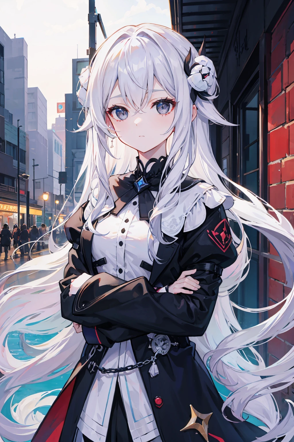 close up, masterpiece,  best quality, High Detail, (((A girl))), ((White long hair:1.2)), (black eyes:1.3), Shut up,  faces are expressionless, anime girl wearing a black jacket,  white dress, Standing on the balcony, Honkai Impact 3