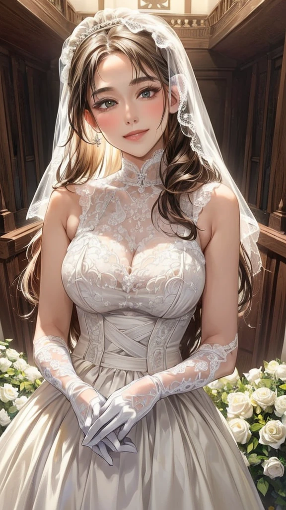 (masterpiece,  best quality, beautiful、Midea:1.3), Looking at the camera, One Girl, Alone, A light smile, (Long Hair, Light beige hair),  Octane Rendering , Lace neck top, Bridal Veil , lace trim dress,  see-through ,  wedding dress , (big breast),Outdoor, White Rose, garden, morning, standing,  very detailed, Lace gloves, Delicate Lace 