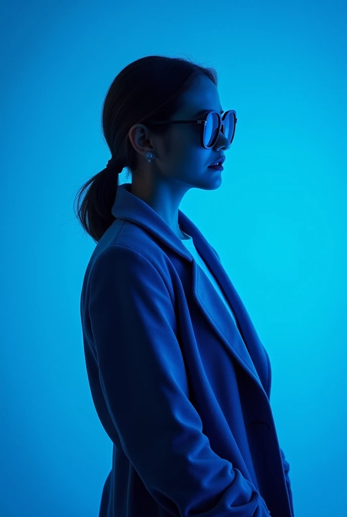 The best cell phone wallpaper, Award-Winning Wallpaper, portrait photography, In the front view is a portrait of a young woman wearing mid-1960s space age fashion, Side view photo, Shot with Canon EOS R5, Set a strong contrast that accentuates the subject, Fluorescent blue tone, Wearing a very modern coat and sunglasses is a modern 1960s style, Clothes all in one color, beautiful background