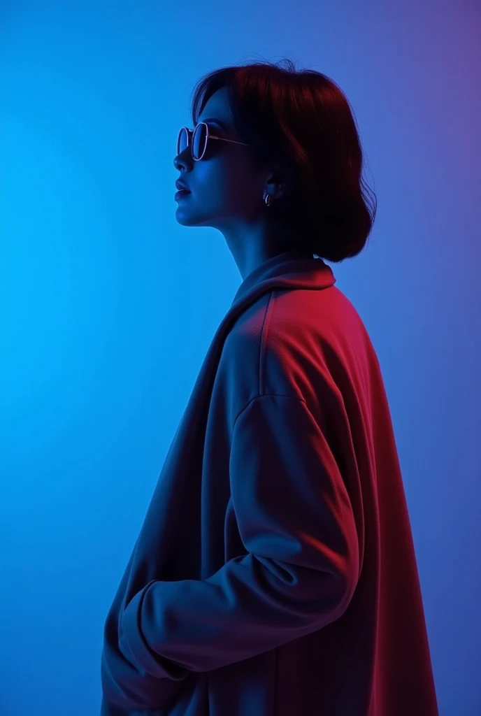 The best cell phone wallpaper, Award-Winning Wallpaper, portrait photography, In the front view is a portrait of a young woman wearing mid-1960s space age fashion, Side view photo, Shot with Canon EOS R5, Set a strong contrast that accentuates the subject, Fluorescent blue tone, Wearing a very modern coat and sunglasses is a modern 1960s style, Clothes all in one color, beautiful background