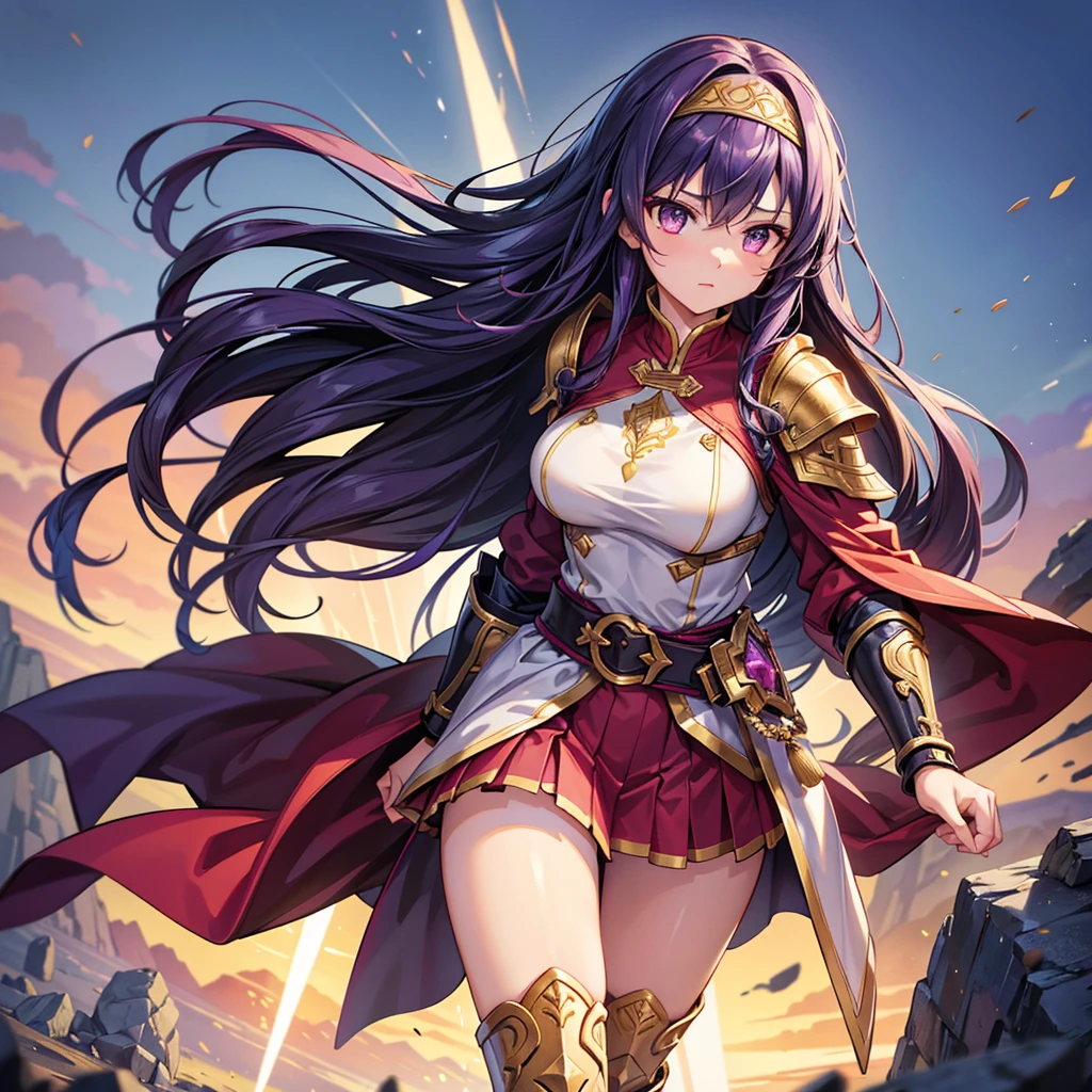 A high-quality digital illustration of a female character inspired by Yuuki from "Sword Art Online." The character has long, flowing dark purple hair, with a headband featuring a red jewel and gold accents. Her outfit consists of a distinct purple and red tunic with gold embroidery, designed in a medieval fantasy style. The tunic is paired with armored gauntlets and boots, featuring intricate details of silver armor at the wrists and ankles. She wears a black sash around her waist with silver armor accents, and her outfit is further adorned with golden symbols at the bottom of her tunic.

Her expression is energetic and determined, with her large, bright eyes showing both confidence and warmth. Her stance is dynamic and strong, standing tall with her feet slightly apart as if ready for battle. Her overall appearance exudes a sense of bravery and skill as a swordfighter.

The background is simple or blank, emphasizing the character and her detailed warrior outfit. The overall scene captures the essence of Yuuki's strength, agility, and kind-hearted nature, with vibrant colors and precise details that highlight her iconic appearance.

