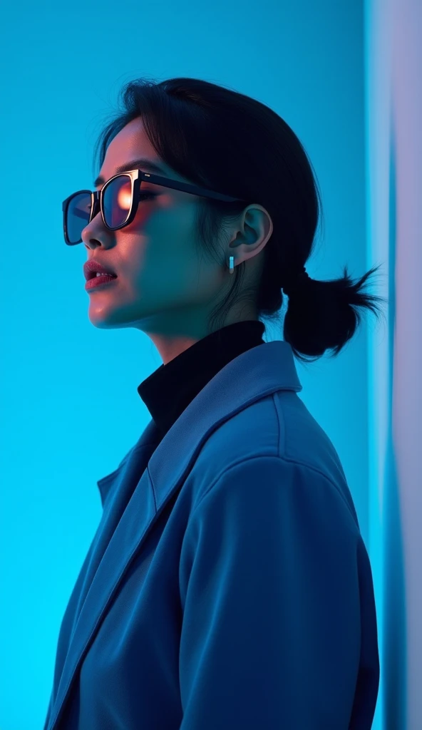 The best cell phone wallpaper, Award-Winning Wallpaper, portrait photography, In the front view is a portrait of a young woman wearing mid-1960s space age fashion, Side view photo, Shot with Canon EOS R5, Set a strong contrast that accentuates the subject, Fluorescent blue tone, Wearing a very modern coat and sunglasses is a modern 1960s style, Clothes all in one color, beautiful background