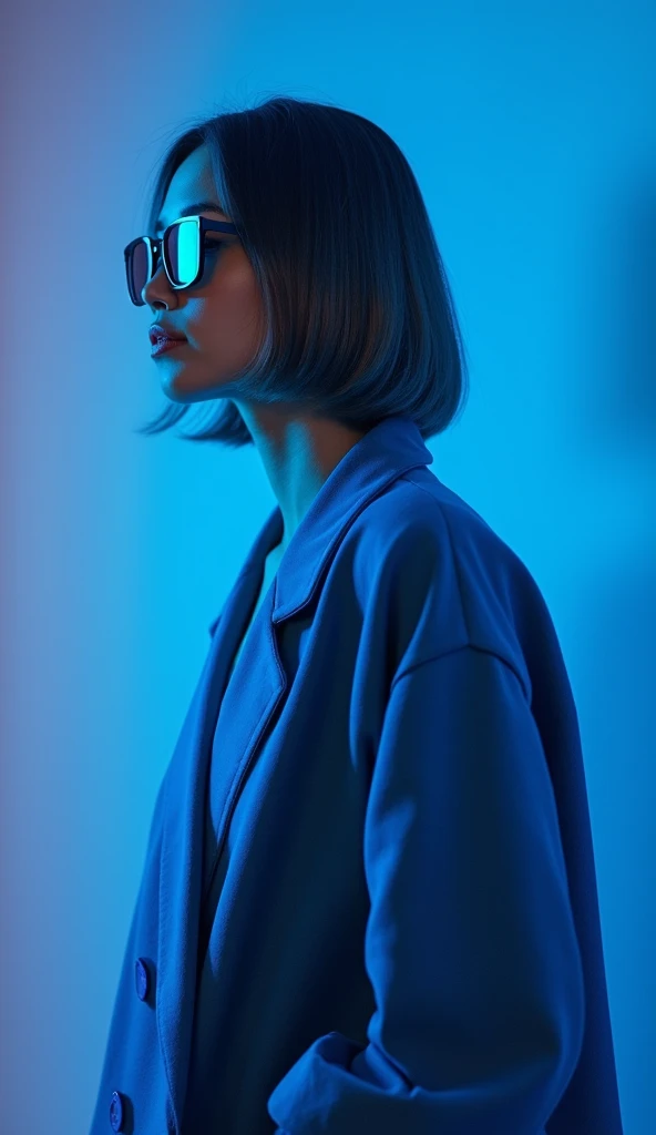 The best cell phone wallpaper, Award-Winning Wallpaper, portrait photography, In the front view is a portrait of a young woman wearing mid-1960s space age fashion, Side view photo, Shot with Canon EOS R5, Set a strong contrast that accentuates the subject, Fluorescent blue tone, Wearing a very modern coat and sunglasses is a modern 1960s style, Clothes all in one color, beautiful background