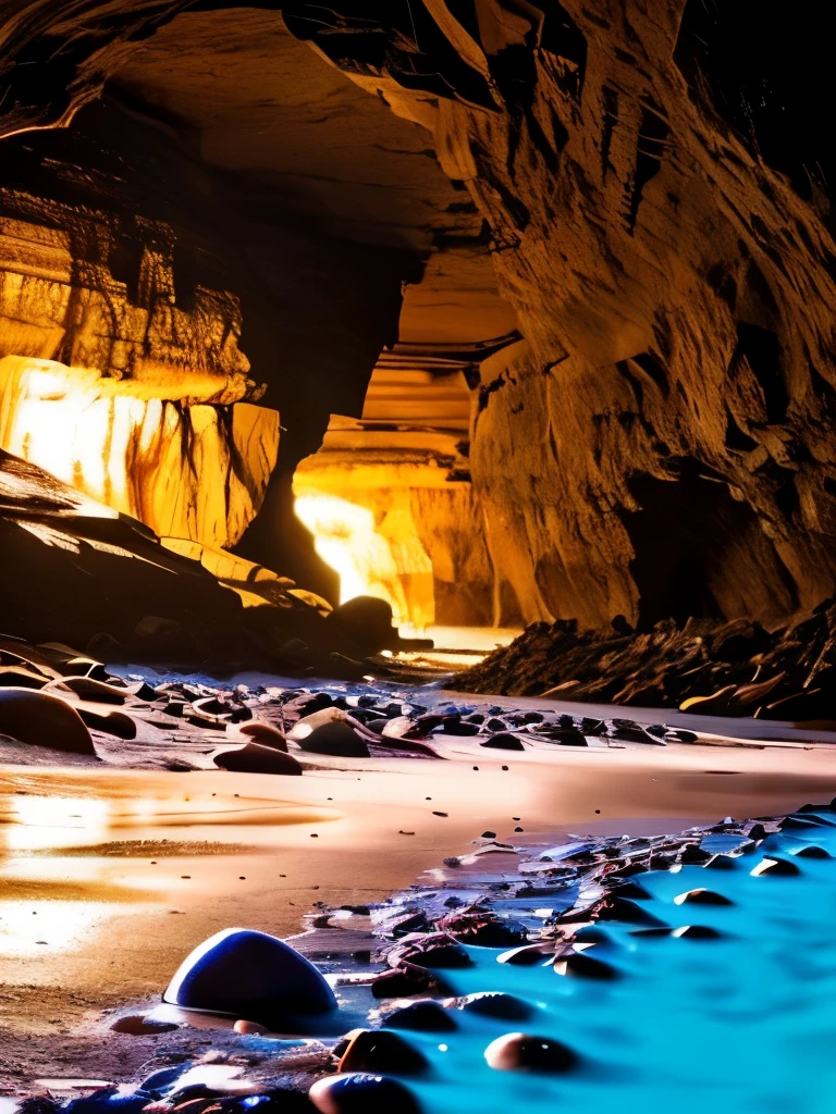 there is a beach with rocks and a lot of lights, a photorealistic painting by Alexander Kucharsky, pexels, conceptual art, glowing crystals on the ground, magical beach, pebbles, makes the sea area glowing water, cave glowing stones, sitting on the beach at night, beautiful image ever created, sparkling cove, magical sparkling lake, luminous sparkling crystals