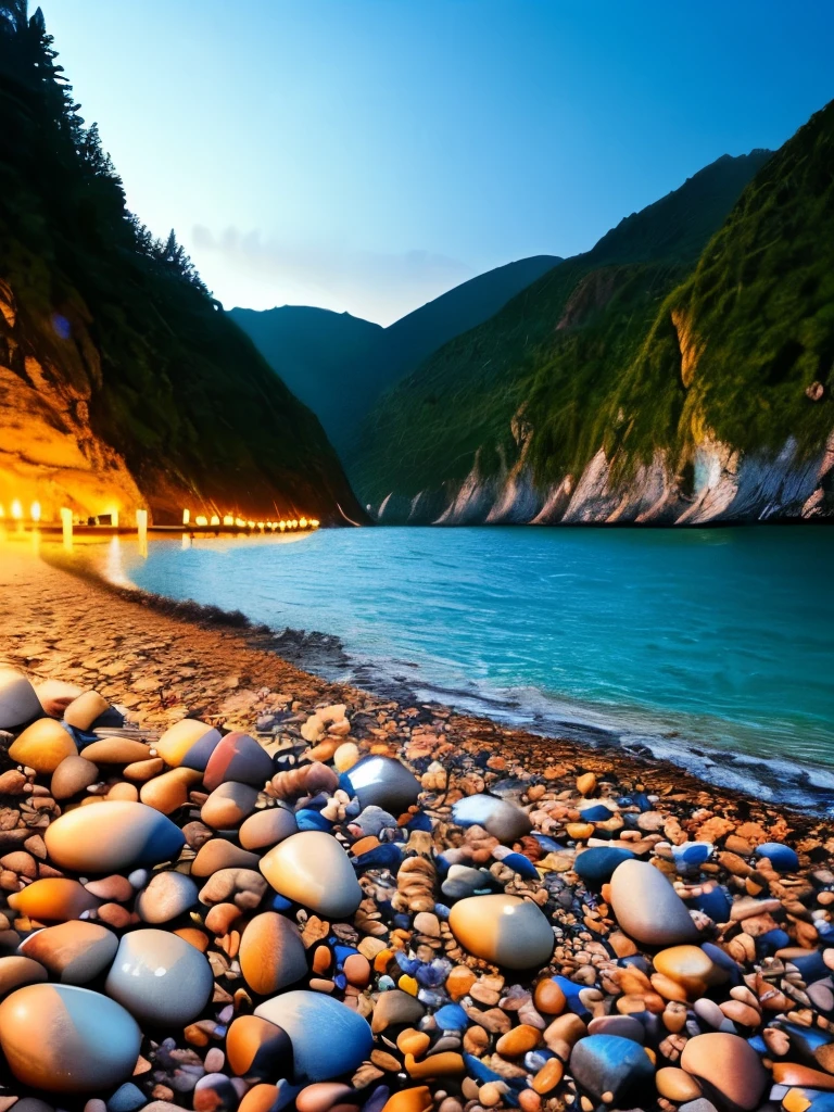 there is a beach with rocks and a lot of lights, a photorealistic painting by Alexander Kucharsky, pexels, conceptual art, glowing crystals on the ground, magical beach, pebbles, makes the sea area glowing water, cave glowing stones, sitting on the beach at night, beautiful image ever created, sparkling cove, magical sparkling lake, luminous sparkling crystals