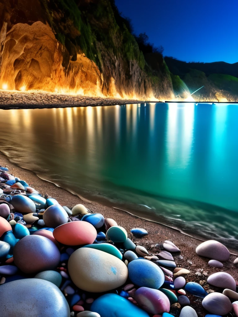 there is a beach with rocks and a lot of lights, a photorealistic painting by Alexander Kucharsky, pexels, conceptual art, glowing crystals on the ground, magical beach, pebbles, makes the sea area glowing water, cave glowing stones, sitting on the beach at night, beautiful image ever created, sparkling cove, magical sparkling lake, luminous sparkling crystals