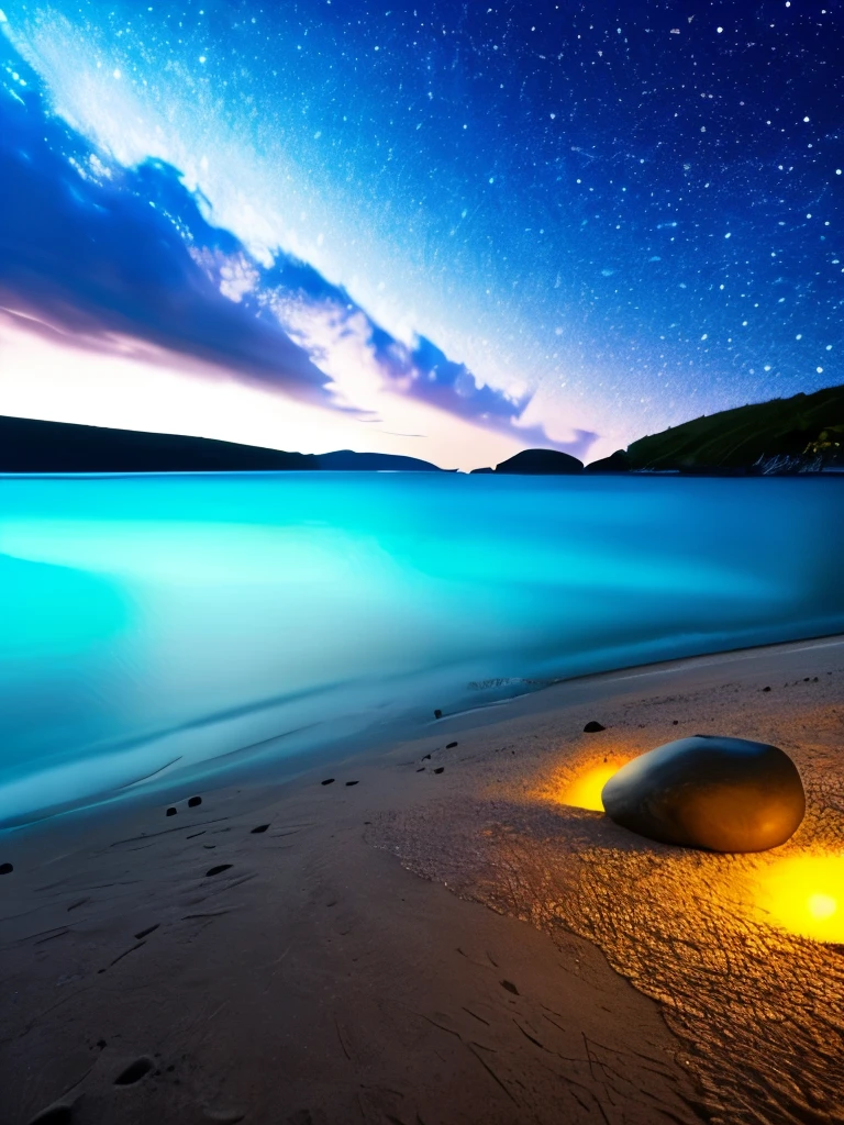 there is a beach with rocks and a lot of lights, a photorealistic painting by Alexander Kucharsky, pexels, conceptual art, glowing crystals on the ground, magical beach, pebbles, makes the sea area glowing water, cave glowing stones, sitting on the beach at night, beautiful image ever created, sparkling cove, magical sparkling lake, luminous sparkling crystals