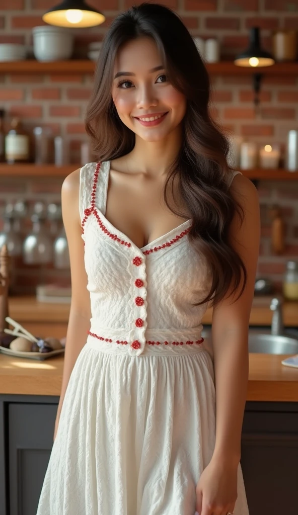 best quality, masterpiece, realistic, photo-realistic, amazing, finely detail, incredibly absurdres, huge filesize, ultra-detailed, highres, extremely detailed 8k wallpaper, ray tracing, close-up, upper body, A cute woman wearing a ginger white dress made of rough textured material with white frosting trim in a raised relief design and red sprinkles decoration, standing in a cozy brick kitchen.