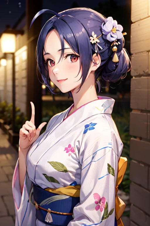 (masterpiece,  best quality:1.2),  upper , Alone,  1 girl, Azusa Miura, smile,  watching viewers,  Index fingers together, Ahoge, Long sleeve,, super high definition, 1 college girl, festival ,night,smile, beautiful eyes,(((Cute Yukata))), perfect bodies ,Perfect fingers, professional lighting,gravure, Detailed Face and Skin Textures ,fine grain,RAW Photos