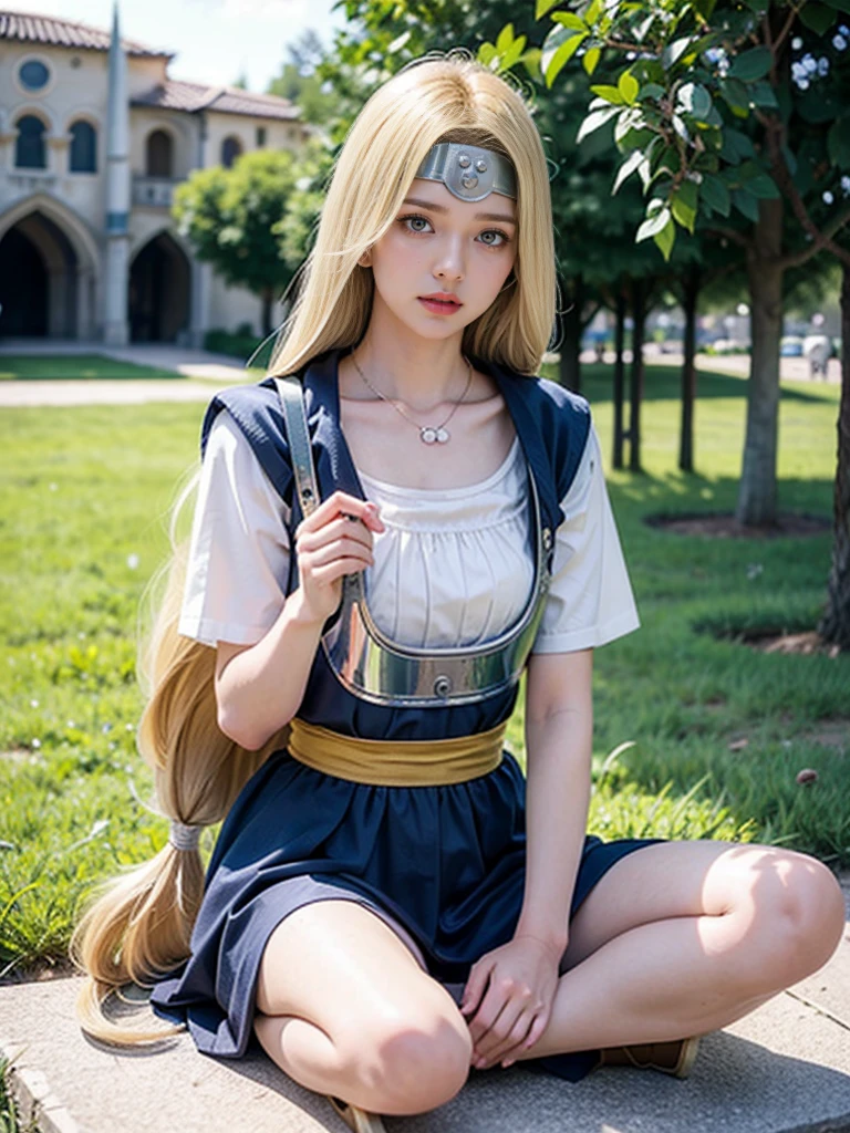  1girl, 18 years old、(Mireyu, blouse, breastplate,  Blonde)  , brown footwear, Beautiful, long eyes、
 超High resolution,(reality:1.4), Blonde、so beautiful、Beautiful Skin、inn、Medieval city background