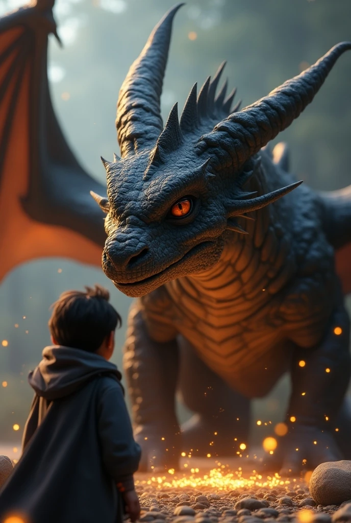 There was one dragon and a boy dressed in a black feathered outfit with a ball in his hand that emits a black light. He is yong