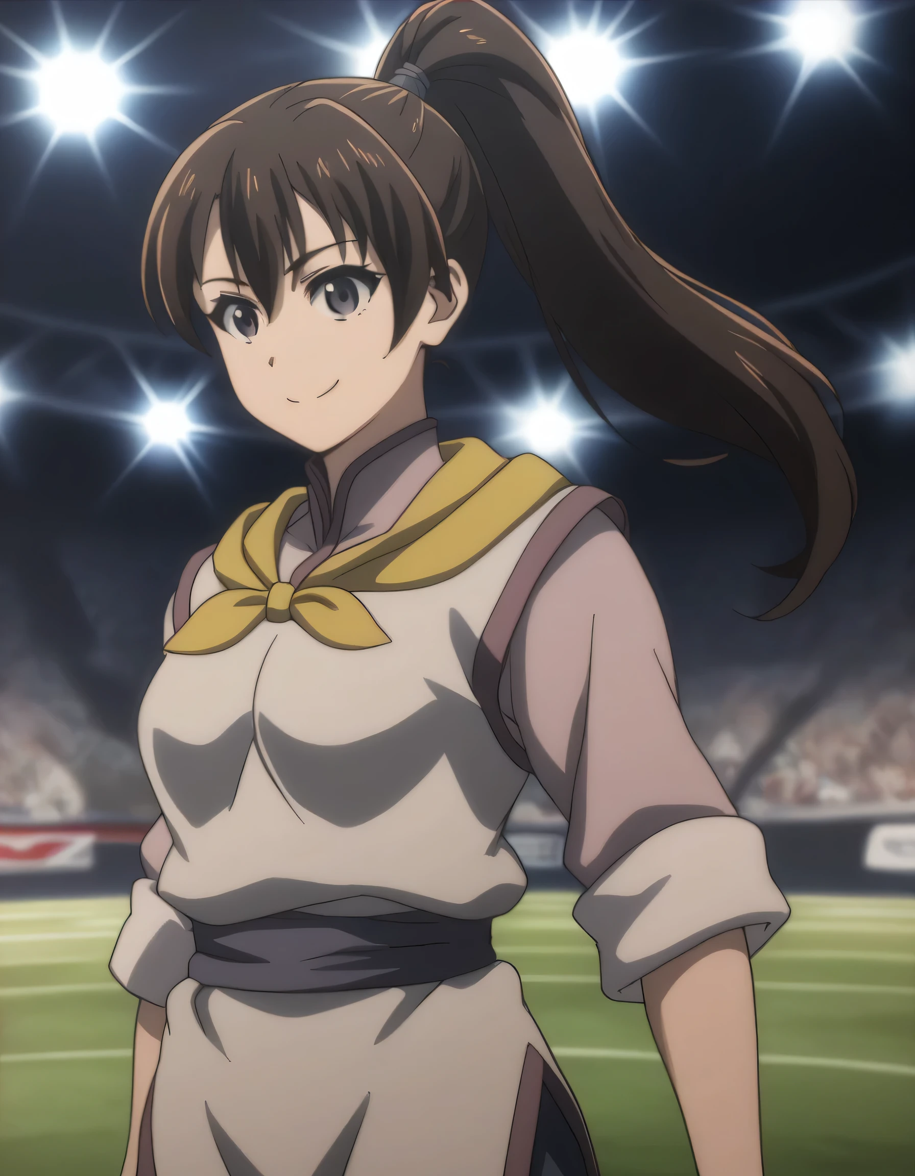 score_9, score_8_up, score_7_up, gsfghtr, multicolored robe, neckerchief, 1girl, smile, ((unponytail)), ((remove ponytail)), ((hair not tied)), ((straight hair)), arena