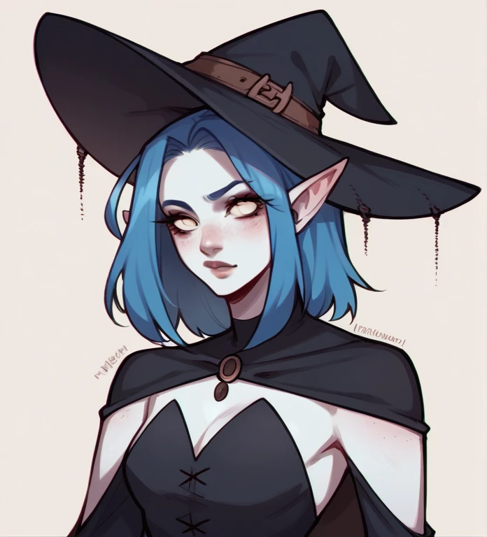 Halfbody ilustration, female thiefling, witch, wearing a witch clothes with details, white skin tone, short blue hair, neutral pose