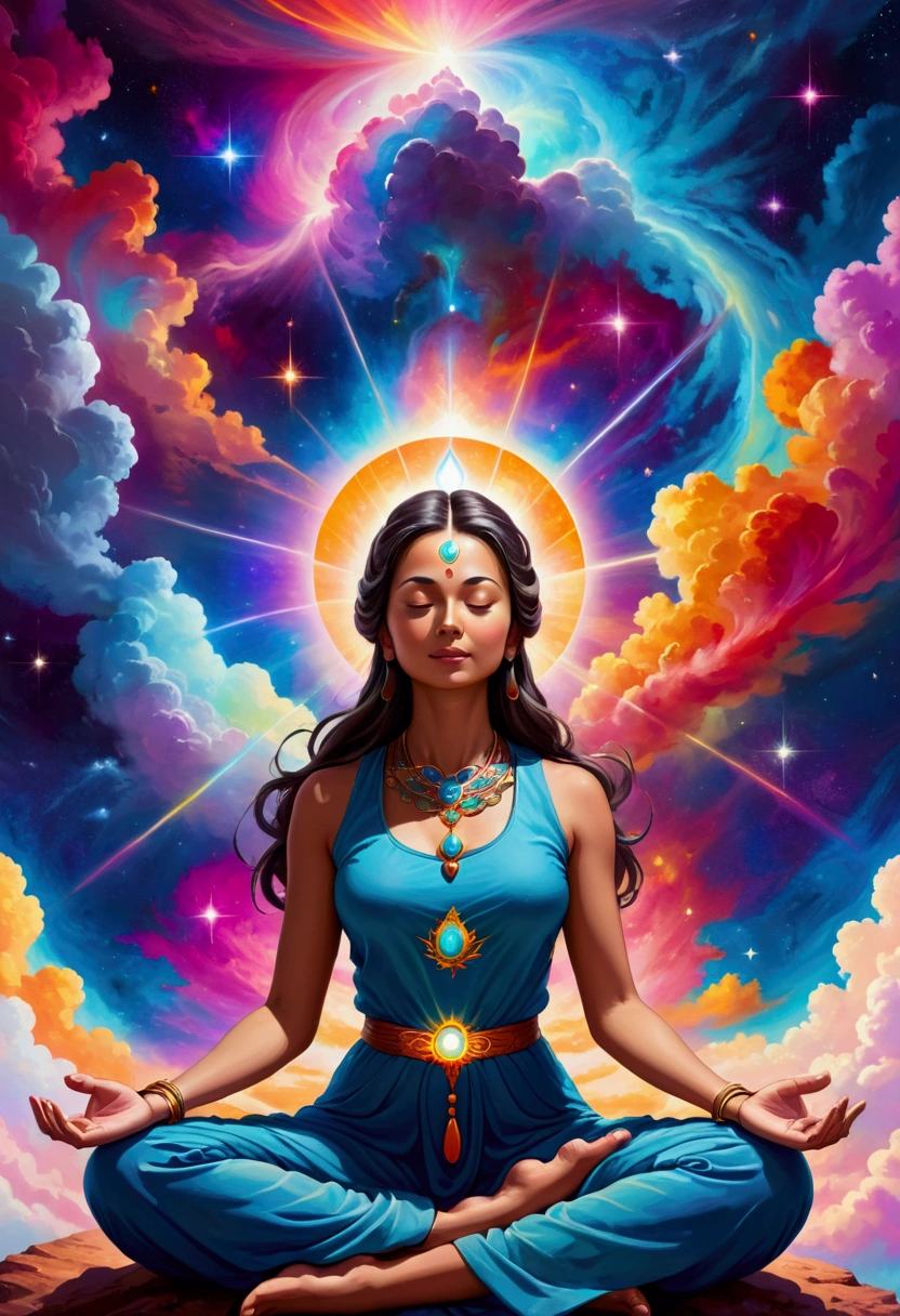 painting of a woman meditating in a meditation position in a colorful space, sitting on the cosmic cloudscape, cosmic enlightenment, 