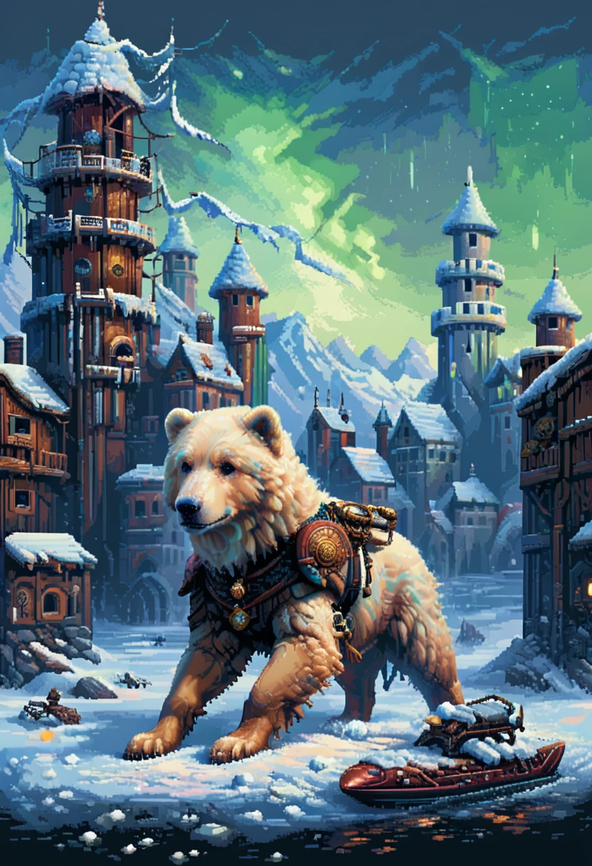 16-bit pixel art, promotional poster, promotional art for "The Golden Compass," 16bit video game art, for a game based on renowned novel "The Golden Compass" by Philip Pullman, BREAK: (it features ((a blonde girl in arctic weather gear)) , a white ermine, a frozen dead fish, a massive polar bear (wearing plate armor), there are sled-dog teams running in snow, there are groups of ren, experimental facilities fade into the background, BREAK: above everything is the northern lights, northern lights in 16-bit rendering, and in the lights is the outline of a cityscape, BREAK: apxlz, ral-pxlprtcl 