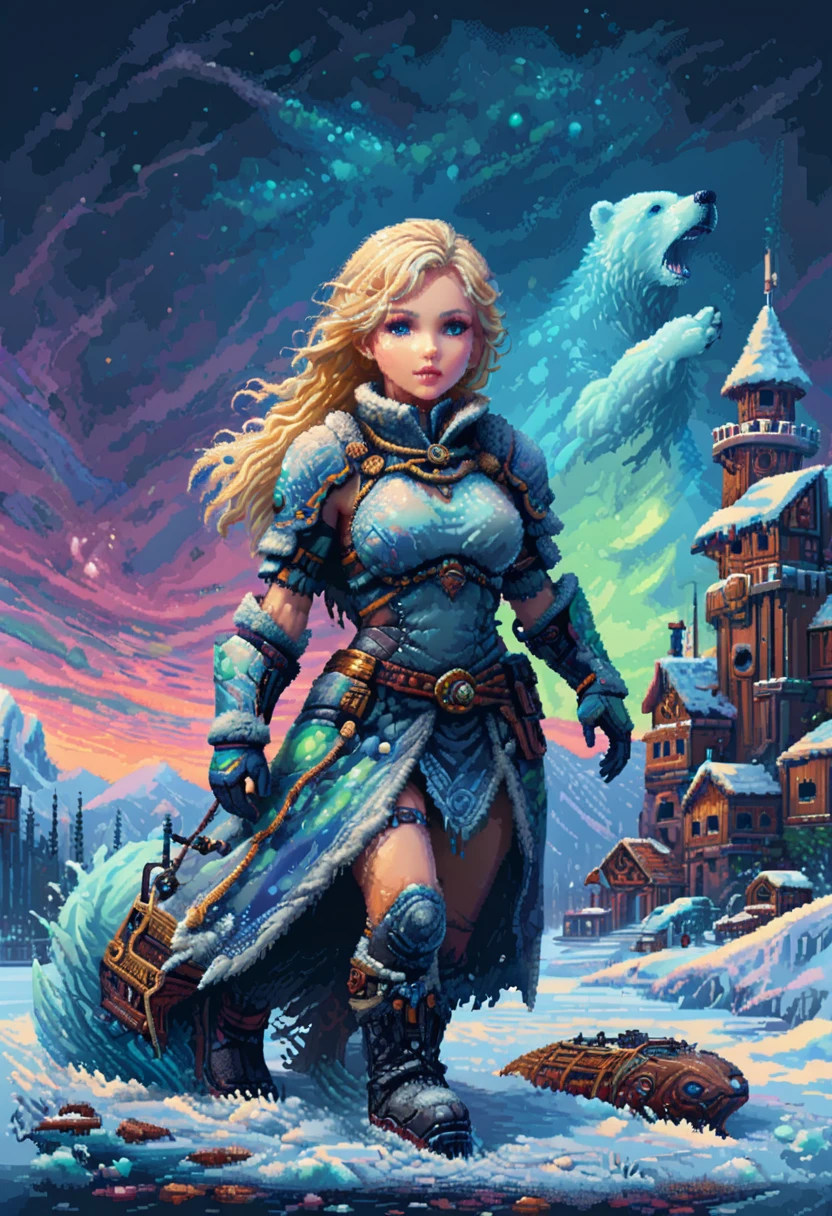 16-bit pixel art, promotional poster, promotional art for "The Golden Compass," 16bit video game art, for a game based on renowned novel "The Golden Compass" by Philip Pullman, BREAK: (it features ((a blonde girl in arctic weather gear)) , a white ermine, a frozen dead fish, a massive polar bear (wearing plate armor), there are sled-dog teams running in snow, there are groups of ren, experimental facilities fade into the background, BREAK: above everything is the northern lights, northern lights in 16-bit rendering, and in the lights is the outline of a cityscape, BREAK: apxlz, ral-pxlprtcl 