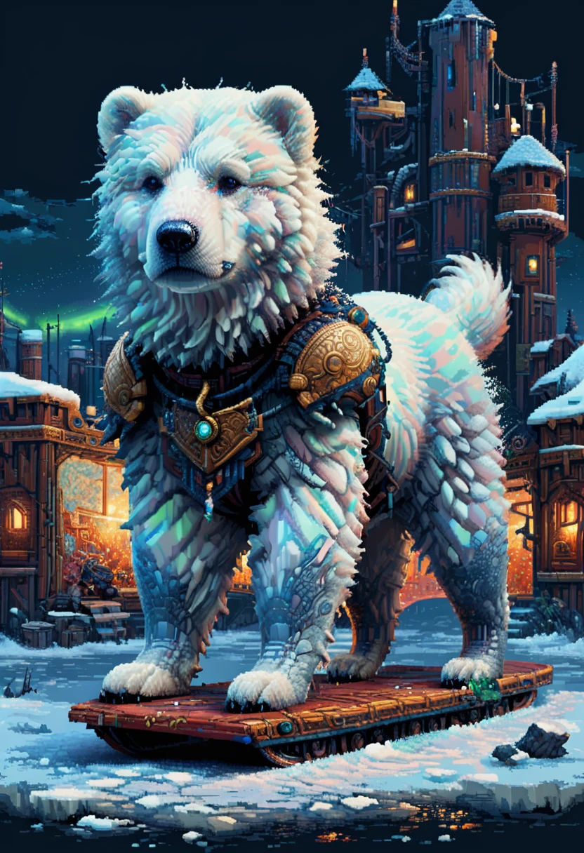 16-bit pixel art, promotional poster, promotional art for "The Golden Compass," 16bit video game art, for a game based on renowned novel "The Golden Compass" by Philip Pullman, BREAK: (it features ((a blonde girl in arctic weather gear)) , a white ermine, a frozen dead fish, a massive polar bear (wearing plate armor), there are sled-dog teams running in snow, there are groups of ren, experimental facilities fade into the background, BREAK: above everything is the northern lights, northern lights in 16-bit rendering, and in the lights is the outline of a cityscape, BREAK: apxlz, ral-pxlprtcl 