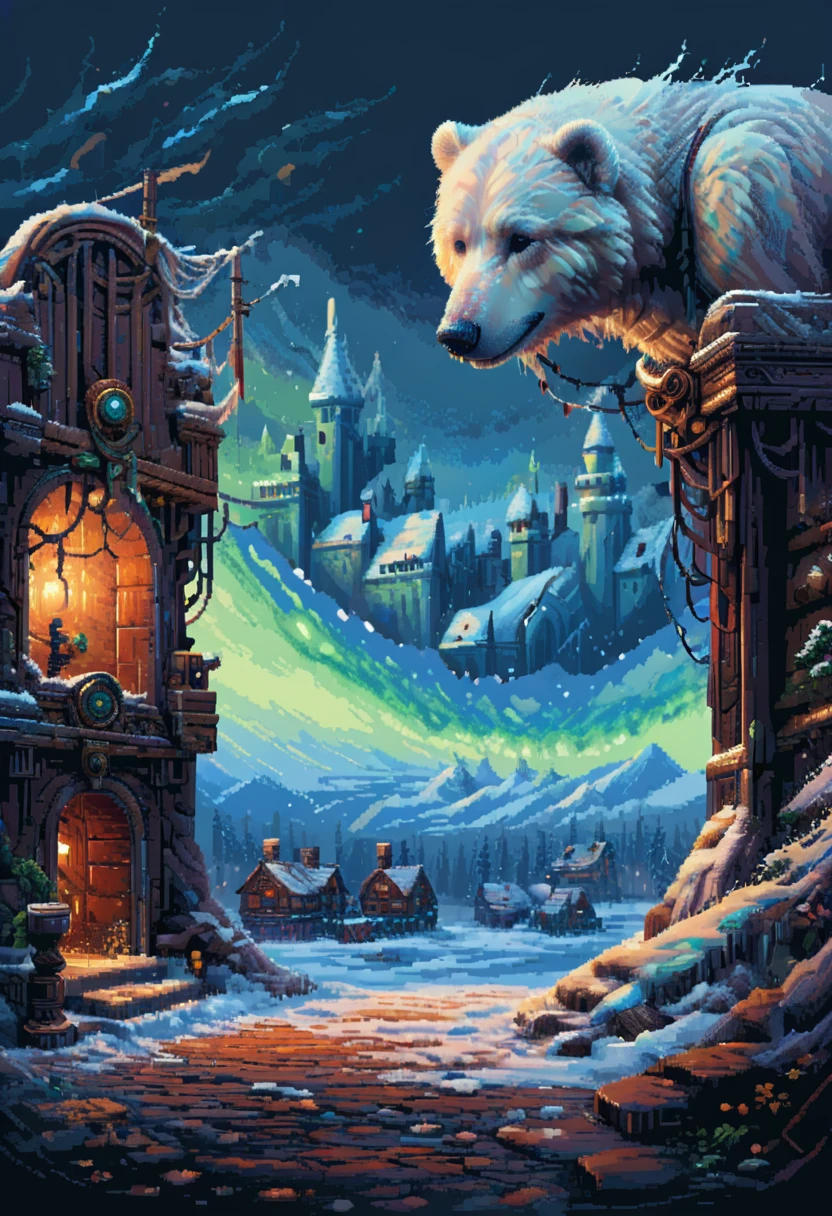 16-bit pixel art, promotional poster, promotional art for "The Golden Compass," 16bit video game art, for a game based on renowned novel "The Golden Compass" by Philip Pullman, BREAK: (it features ((a blonde girl in arctic weather gear)) , a white ermine, a frozen dead fish, a massive polar bear (wearing plate armor), there are sled-dog teams running in snow, there are groups of ren, experimental facilities fade into the background, BREAK: above everything is the northern lights, northern lights in 16-bit rendering, and in the lights is the outline of a cityscape, BREAK: apxlz, ral-pxlprtcl 