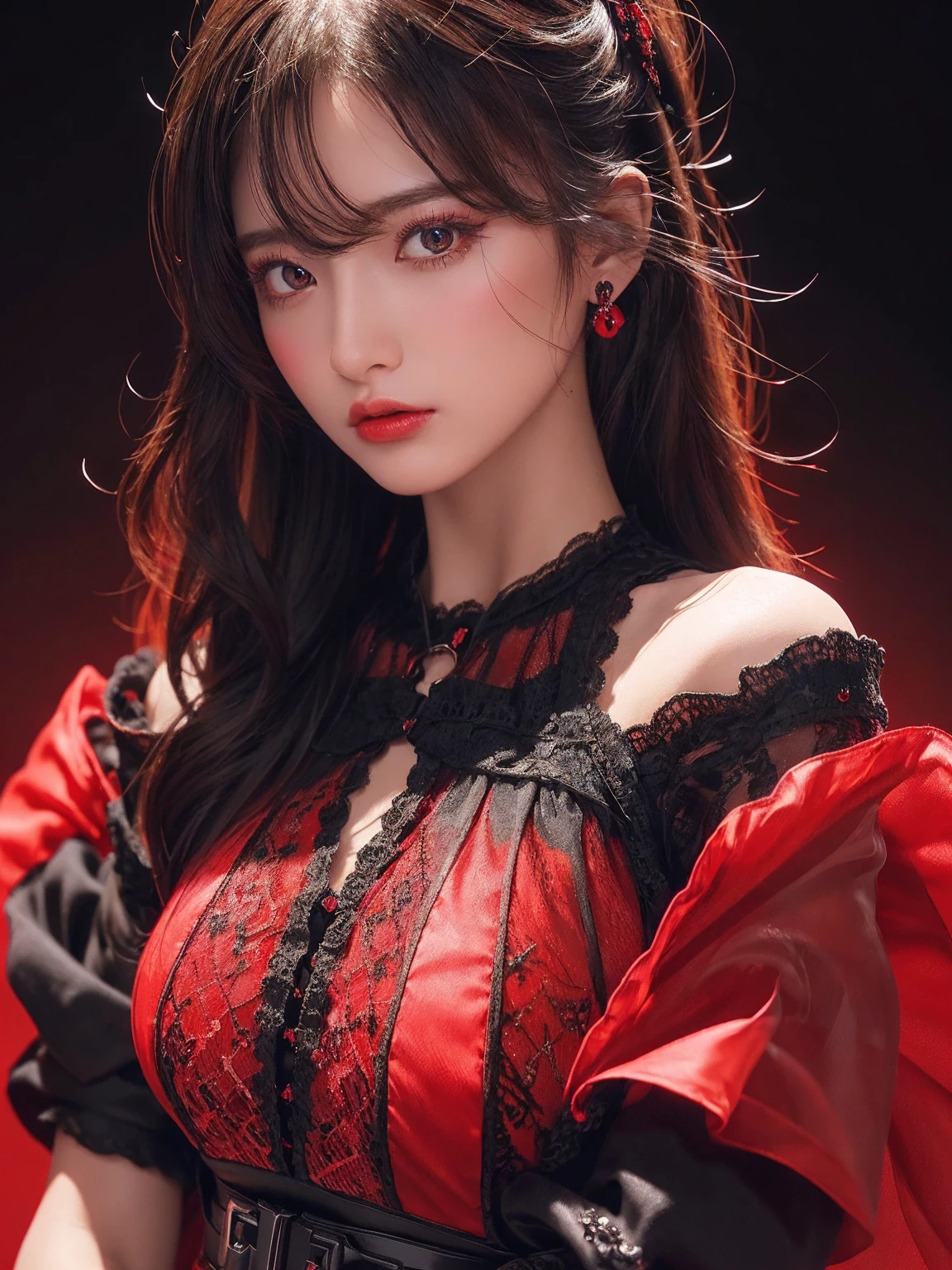 1 beautiful devil woman from hell, surreal female portrait by David Hockney and Alphonse Mucha, realistic art, chinese doll, photorealism, dynamic lighting, artstation, poster, volumetric lighting, clean pink and white face, super realistic face, beautiful face and very detailed make-up, 8k ultra, awarded, in the dark, low key, cowboy lens, (Red phoenix dress: 1.0), long hair, black hair, bust, devil's Palace, devil crown, eyes make up very sharp and detailed, the most beautiful face, super tight breasts, breast augmentation, the breasts are very big and round and round, super realistic, chinese women's clothing, polo neck sweater, charming smile, the eyes are very well made up, ((Deep red eyes:1.2)), big round eyes, glaring at the viewer, guweiz, devil style, wearing black mesh socks, ponytail with a bow tied at the back of the hair, plump and beautiful red lips, wearing a thin red and black robe, Hands pull the straps to reveal sexy breasts, the landscape is overcast and thunderous, beautiful female devil portrait, close-up of the main character, (detailed spooky background:0.8), HDR, UHD, 8kquality, detailed pixel, facing the beautiful girl, looking at the girl body,